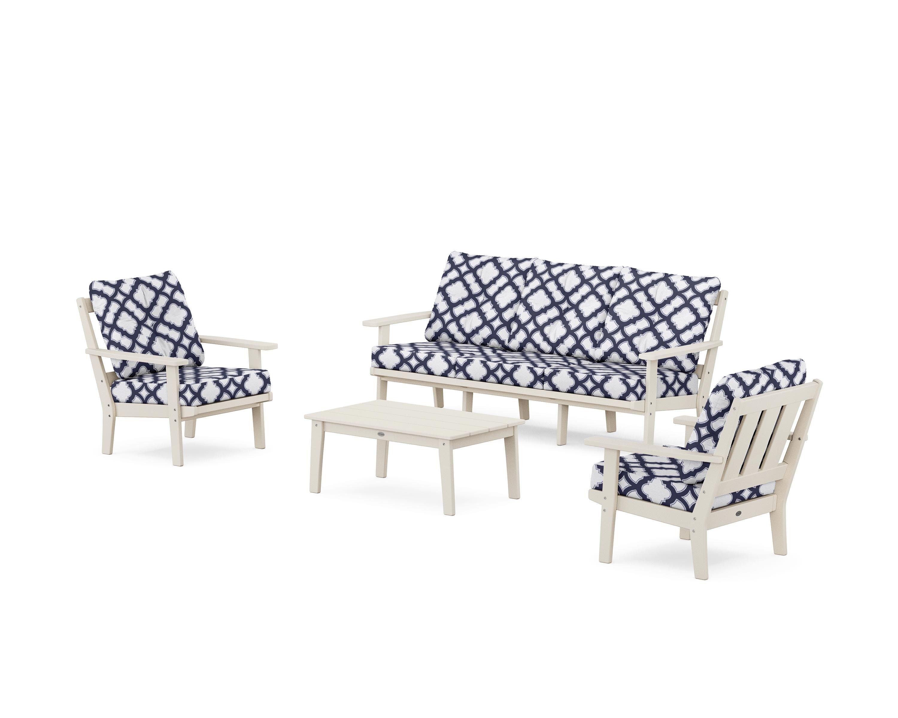 POLYWOOD® Oxford 4-Piece Deep Seating Set with Sofa in Sand / Trellis Navy