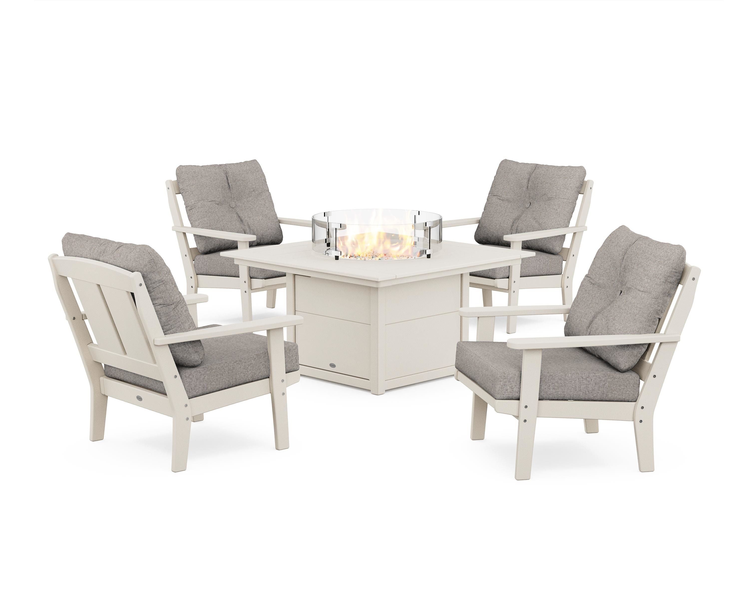 POLYWOOD® Mission 5-Piece Deep Seating Set with Fire Pit Table in Sand / Weathered Tweed