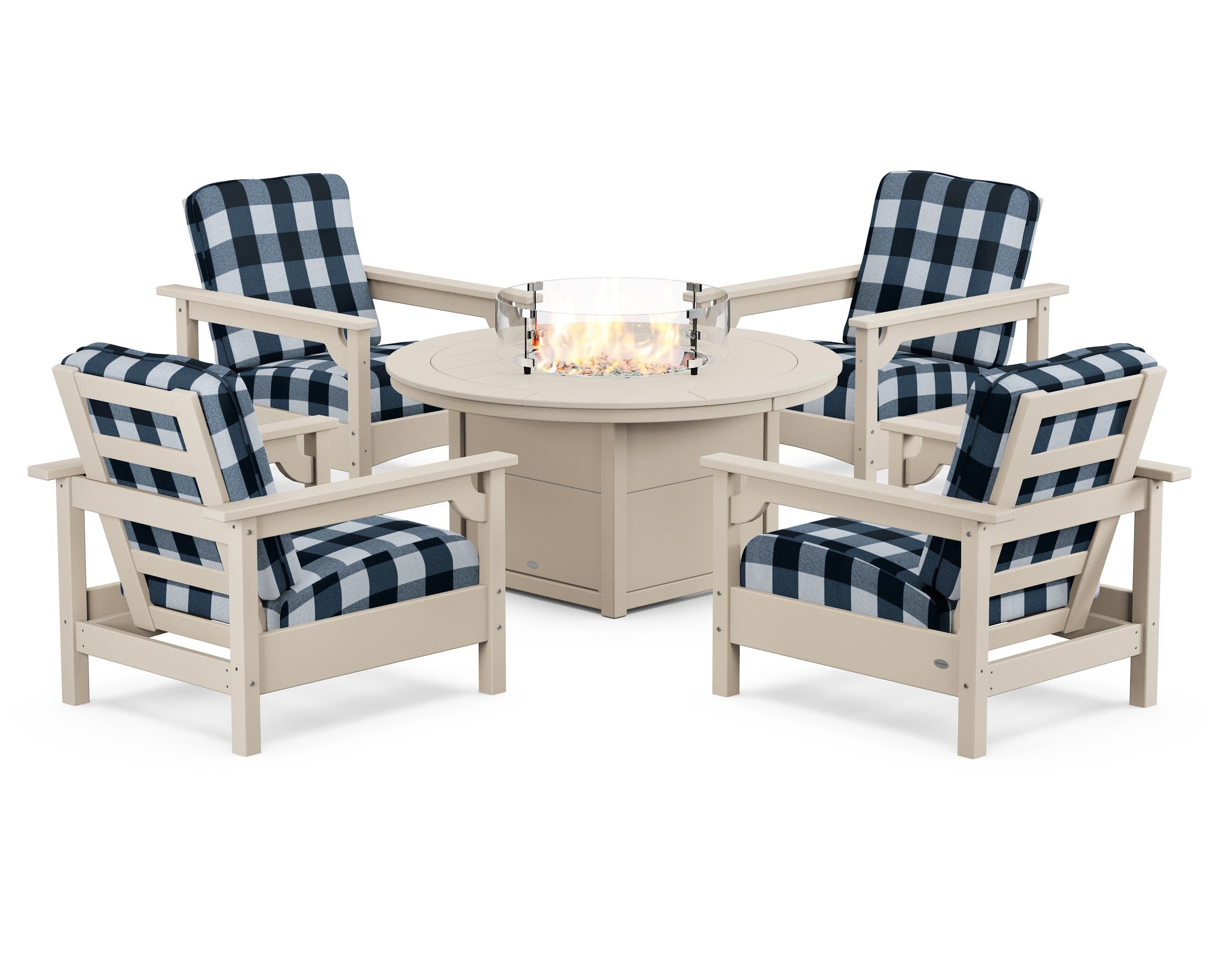POLYWOOD® Club 5-Piece Conversation Set with Fire Pit Table in Sand / Buffalo Plaid Marine Indigo