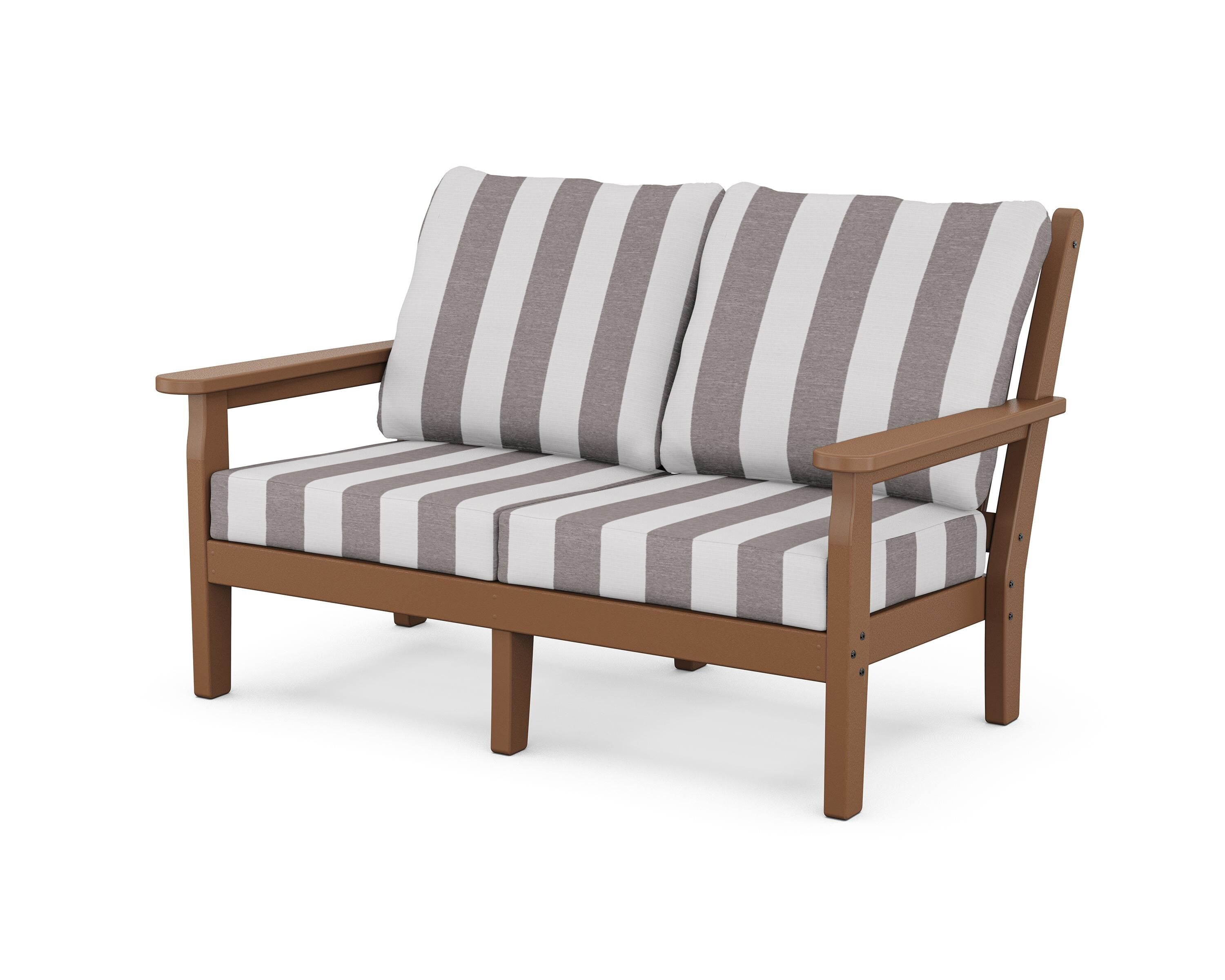 POLYWOOD® Chippendale Deep Seating Loveseat in Teak / Cabana Stripe Grey Mist
