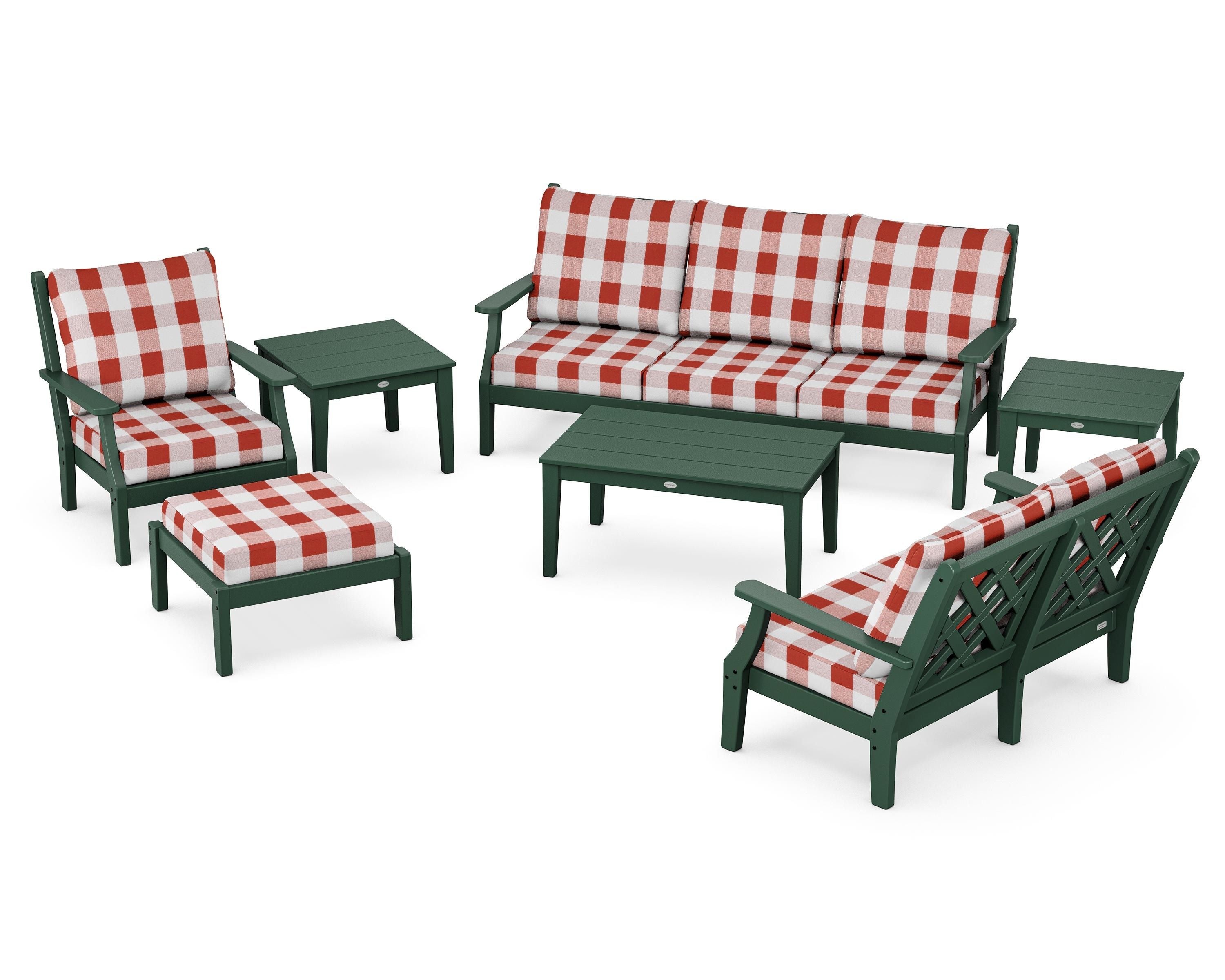 Country Living Wovendale 7-Piece Deep Seating Set in Green / Buffalo Plaid Crimson