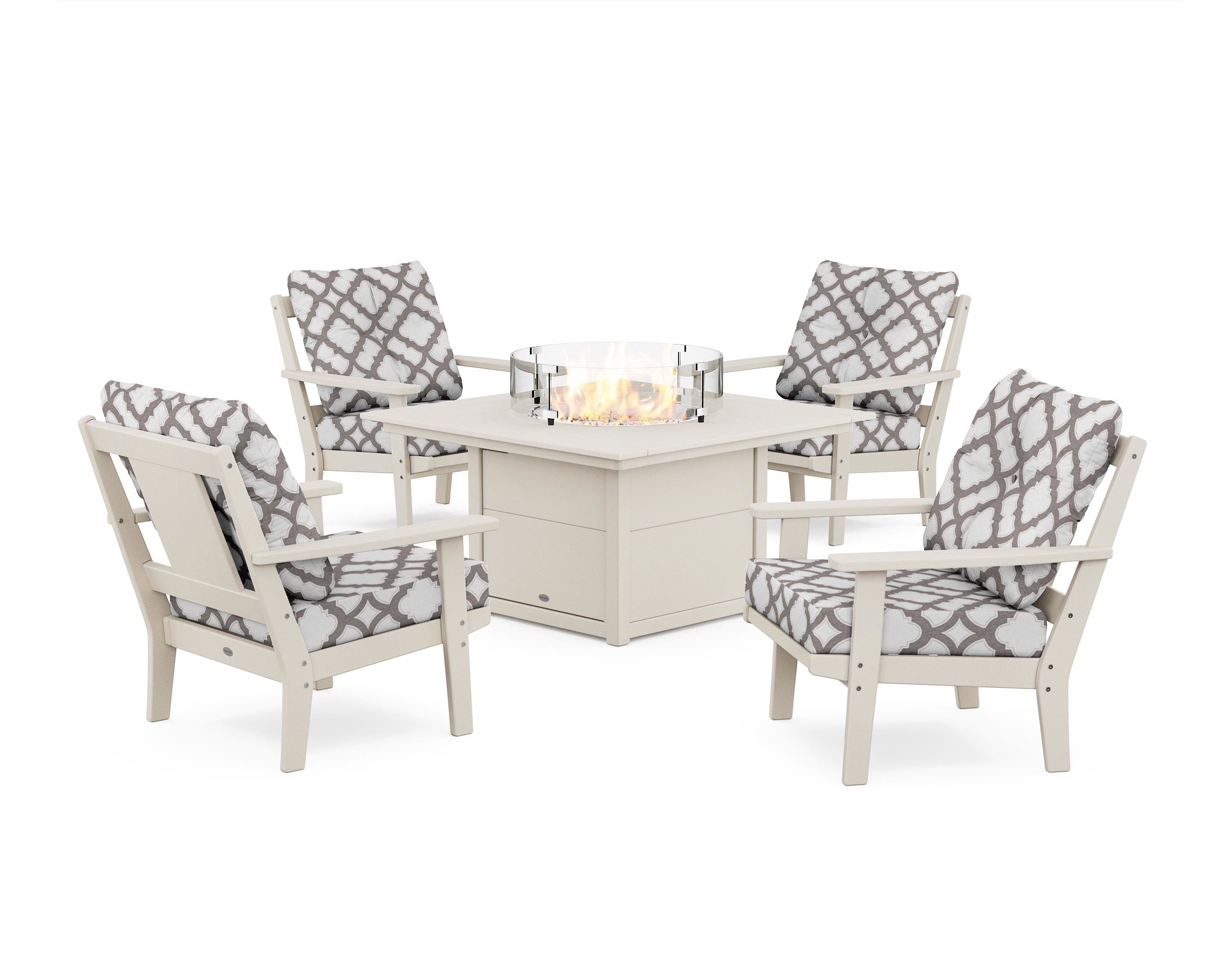 POLYWOOD® Prairie 5-Piece Deep Seating Set with Fire Pit Table in Sand / Trellis Grey Mist