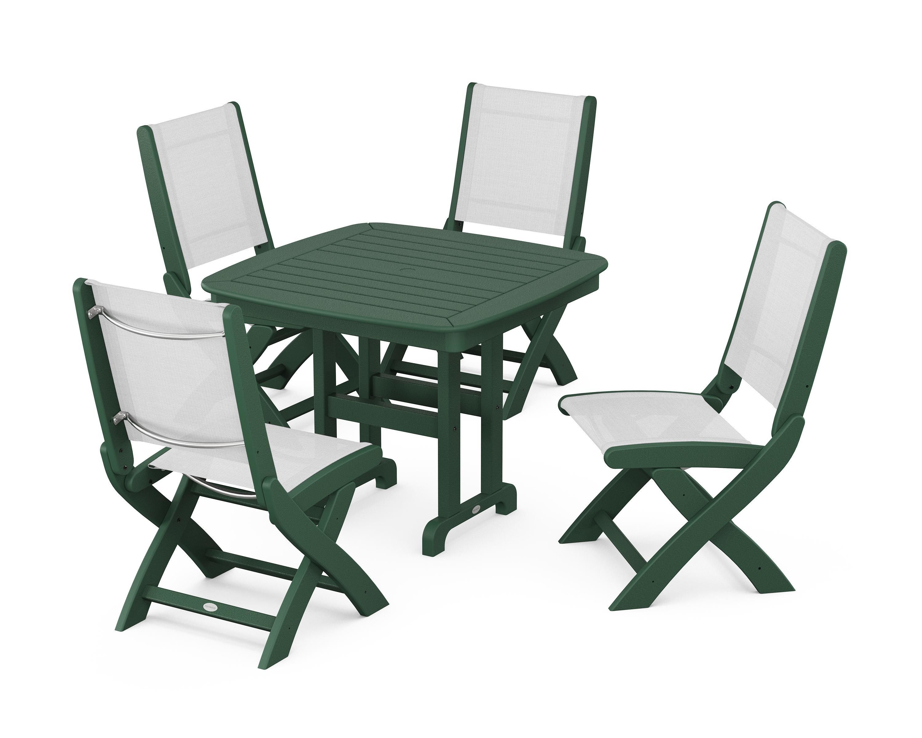 POLYWOOD® Coastal Folding Side Chair 5-Piece Dining Set in Green / White Sling