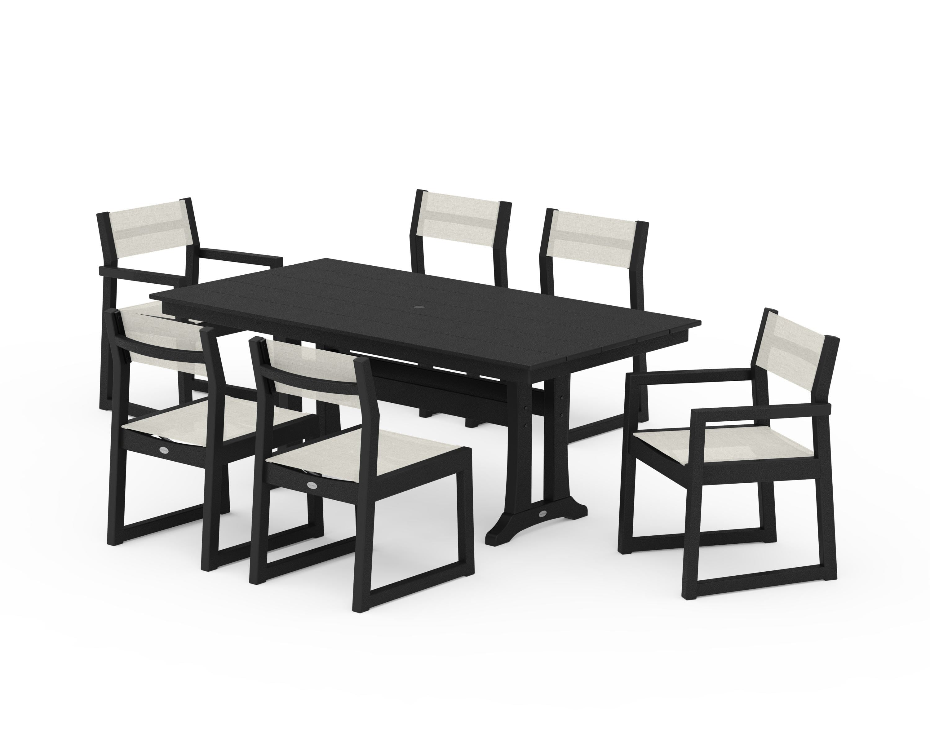 POLYWOOD® EDGE Sling 7-Piece Farmhouse Trestle Dining Set in Black / Parchment Sling