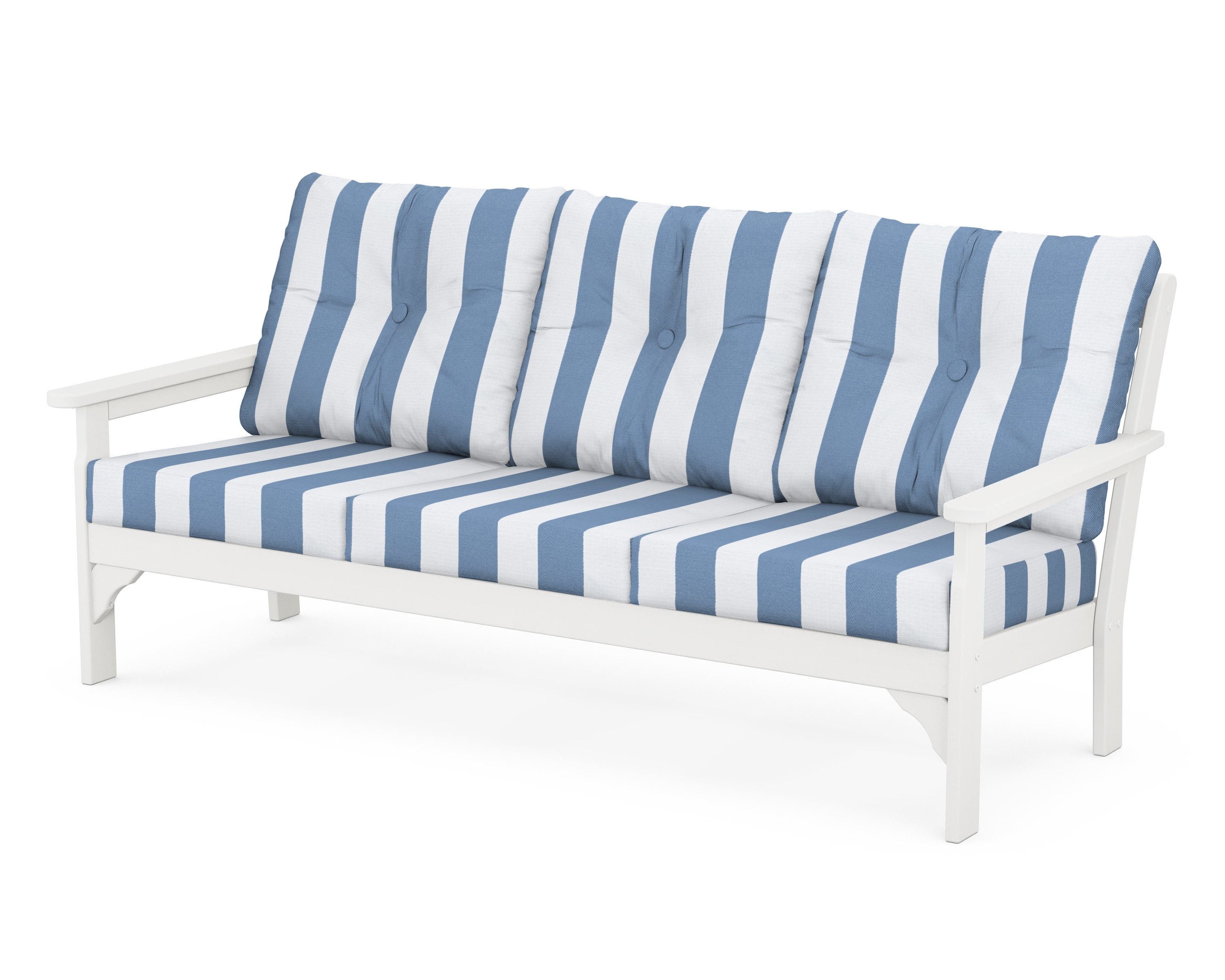 POLYWOOD® Vineyard Deep Seating Sofa in Vintage White / Cabana Stripe Sky Blue