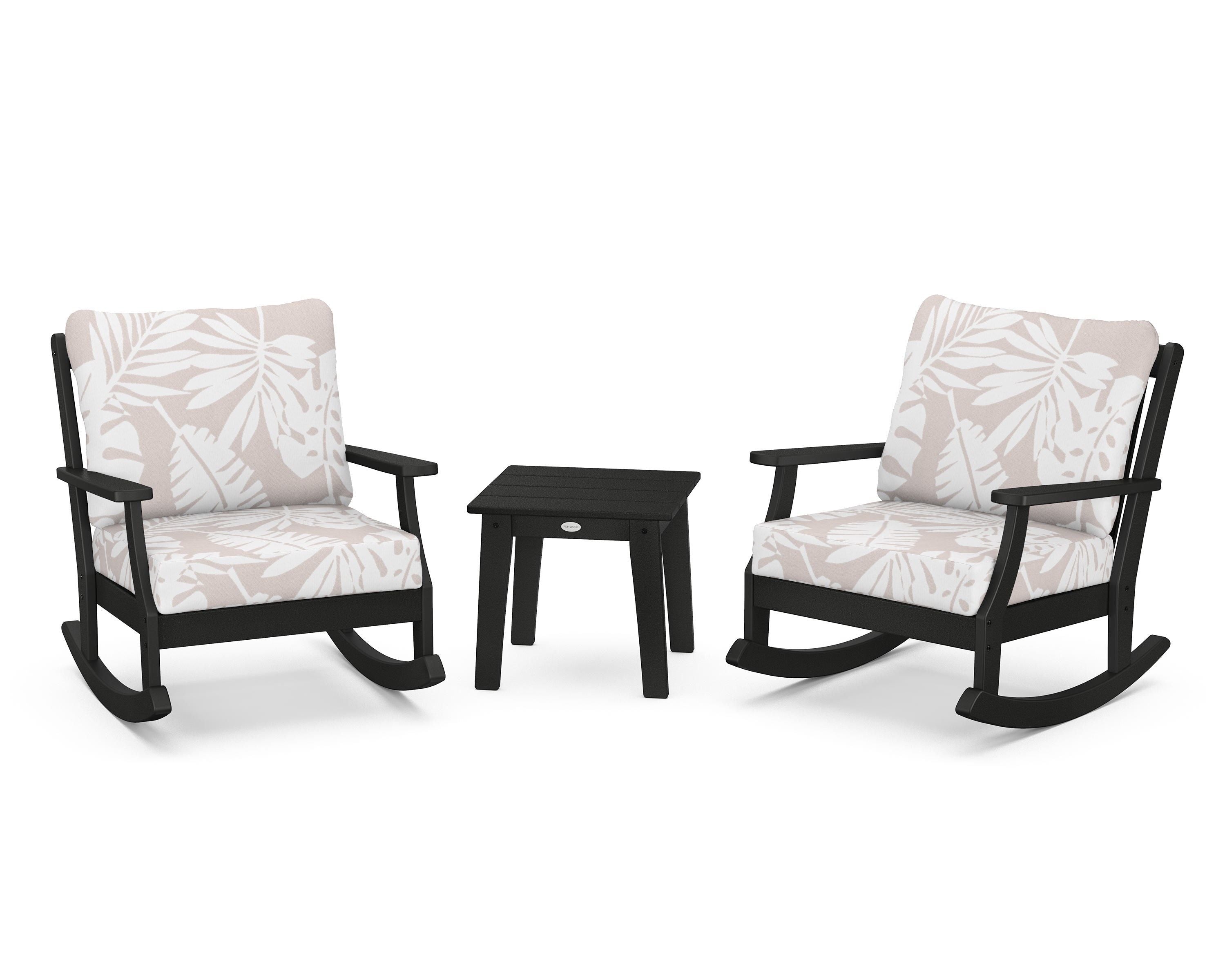 POLYWOOD® Braxton 3-Piece Deep Seating Rocker Set in Black / Leaf Dune Burlap