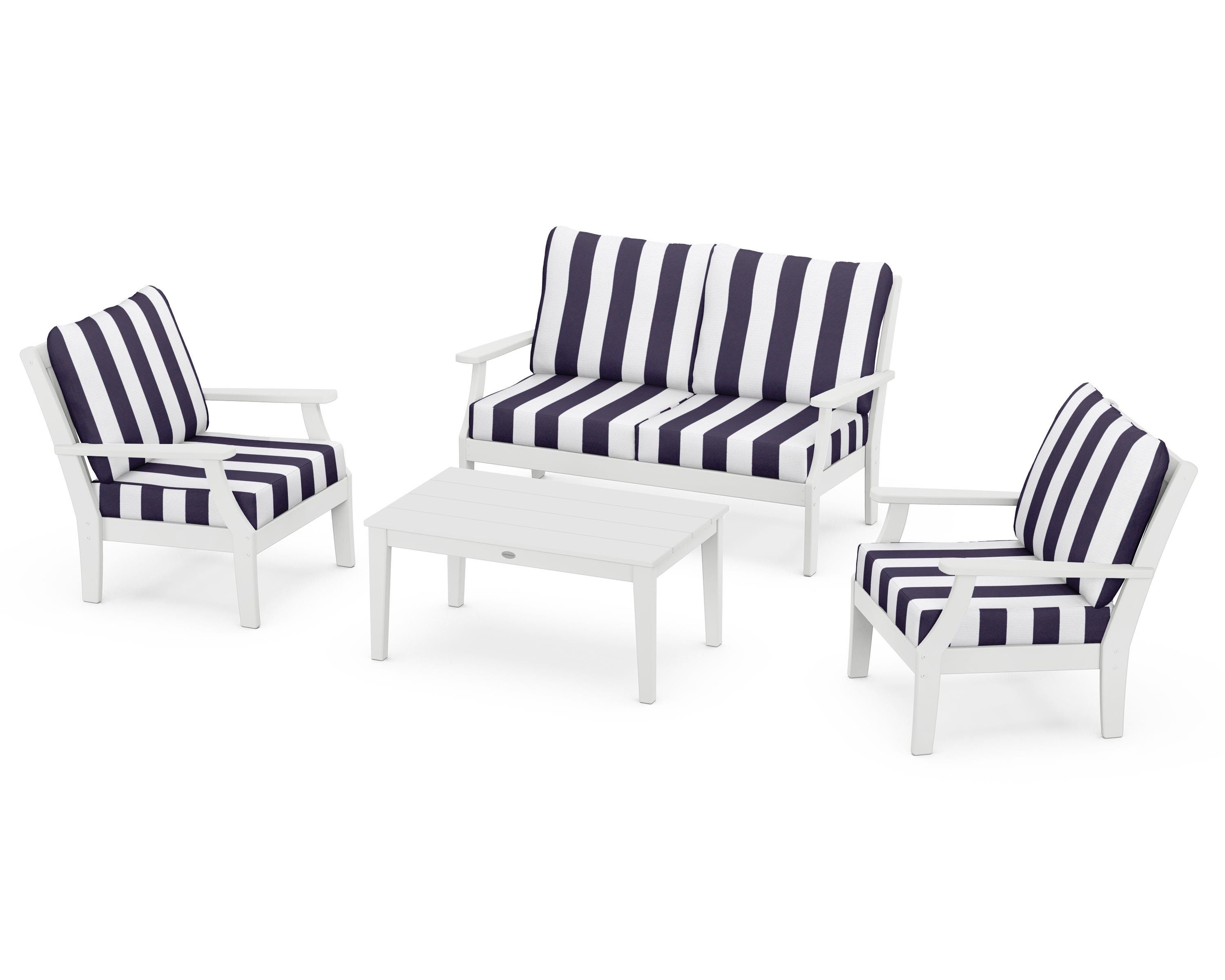 POLYWOOD® Braxton 4-Piece Deep Seating Chair Set in White / Cabana Stripe Navy