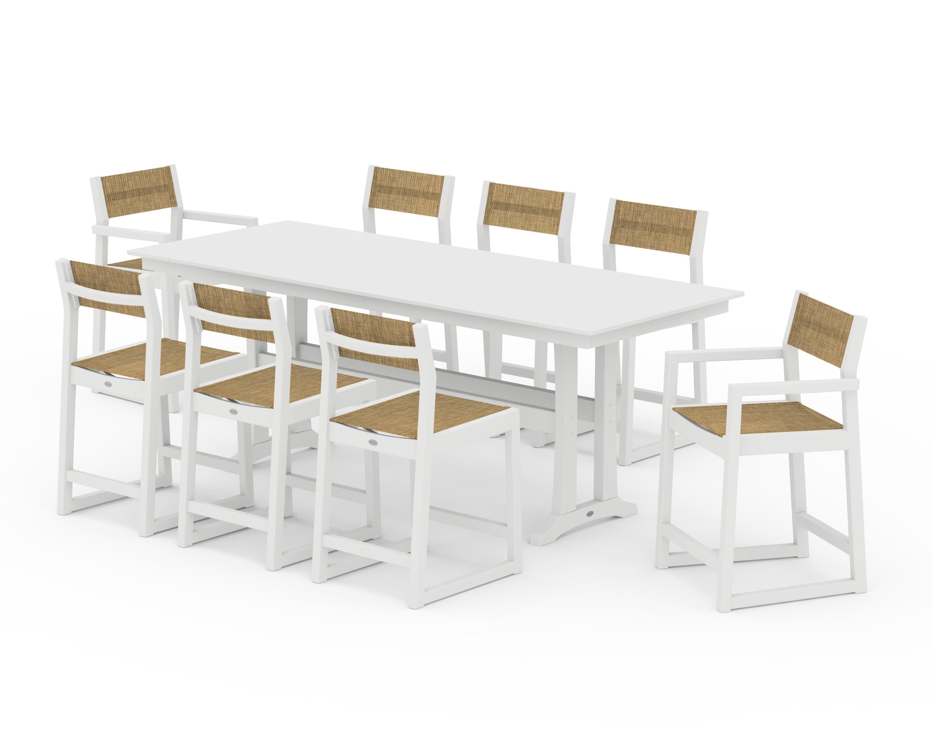 POLYWOOD® EDGE Sling 9-Piece Farmhouse Counter Set with Trestle Legs in White / Burlap Sling