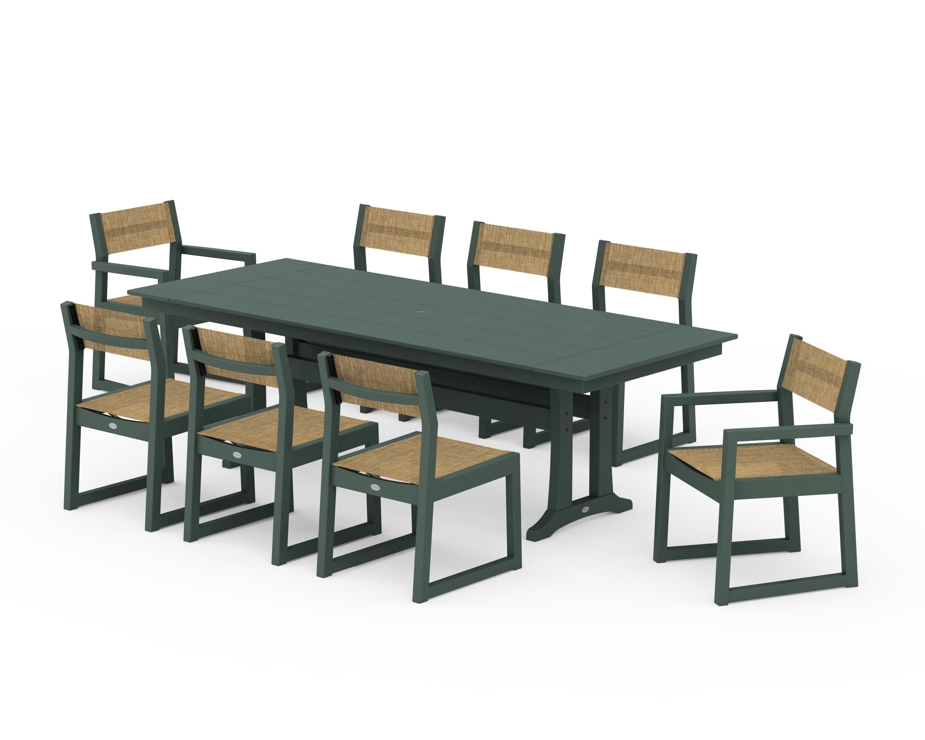 POLYWOOD® EDGE Sling 9-Piece Farmhouse Trestle Dining Set in Green / Burlap Sling