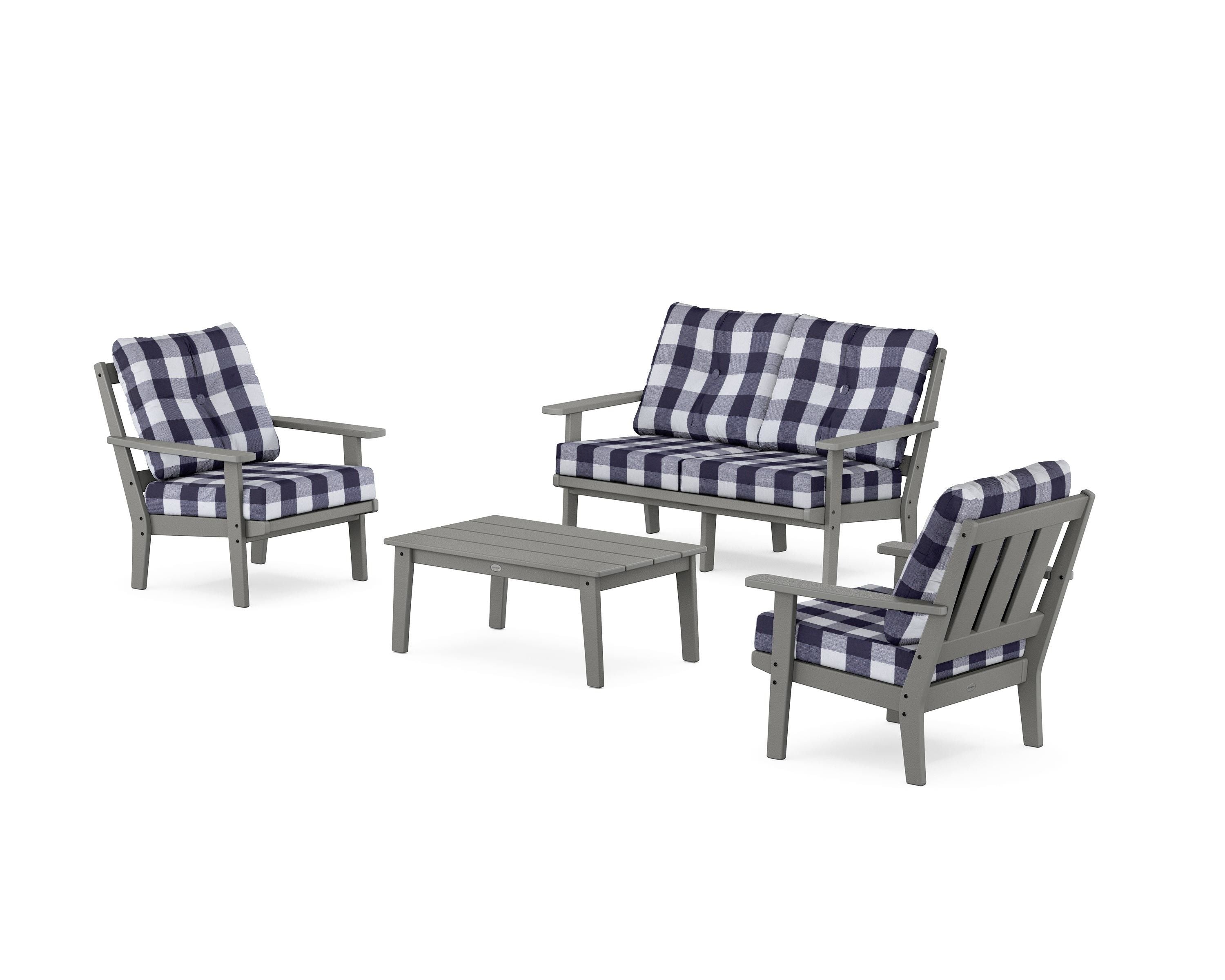 POLYWOOD® Oxford 4-Piece Deep Seating Set with Loveseat in Slate Grey / Buffalo Plaid Navy