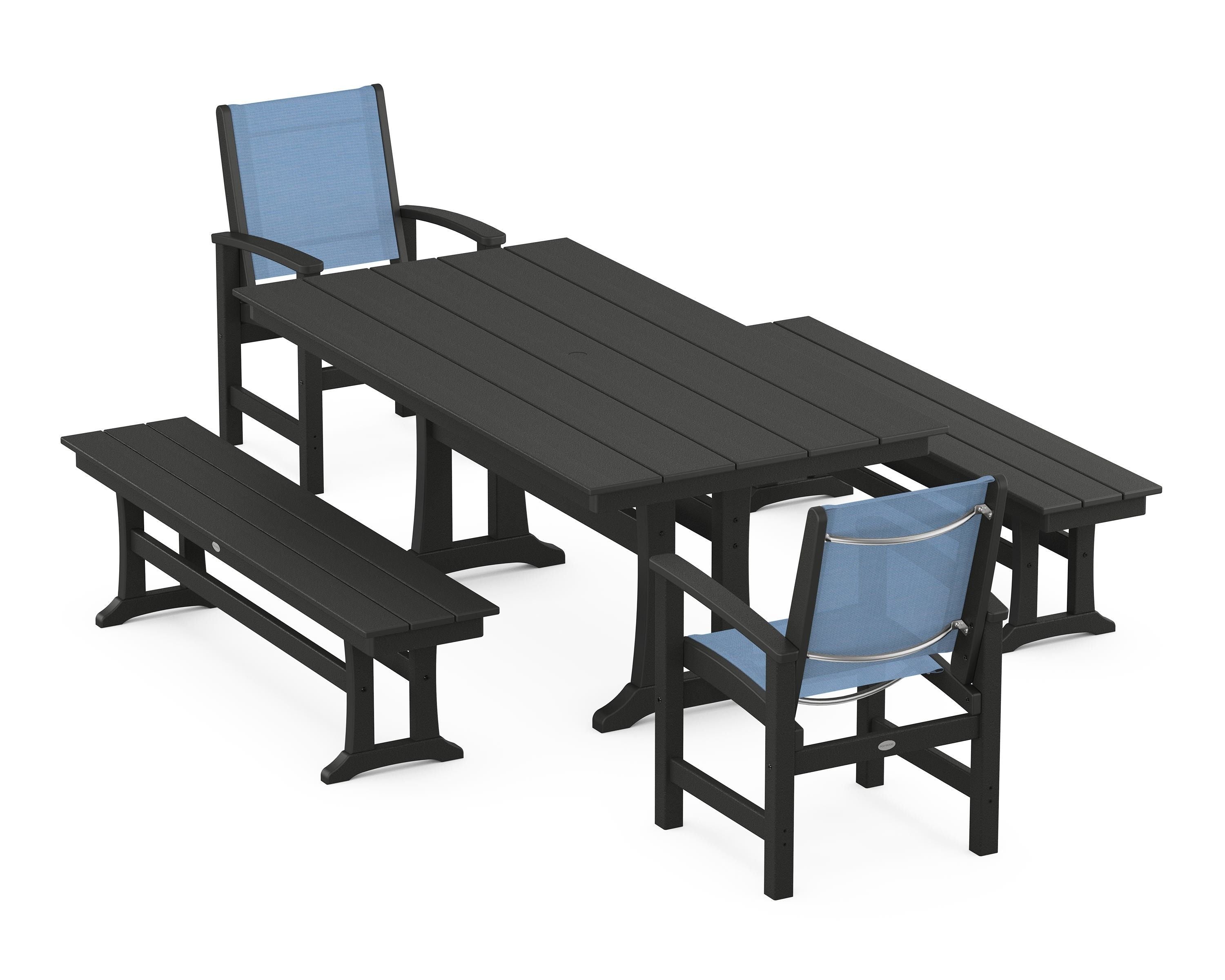 POLYWOOD® Coastal 5-Piece Farmhouse Dining Set with Trestle Legs and Benches in Black / Poolside Sling