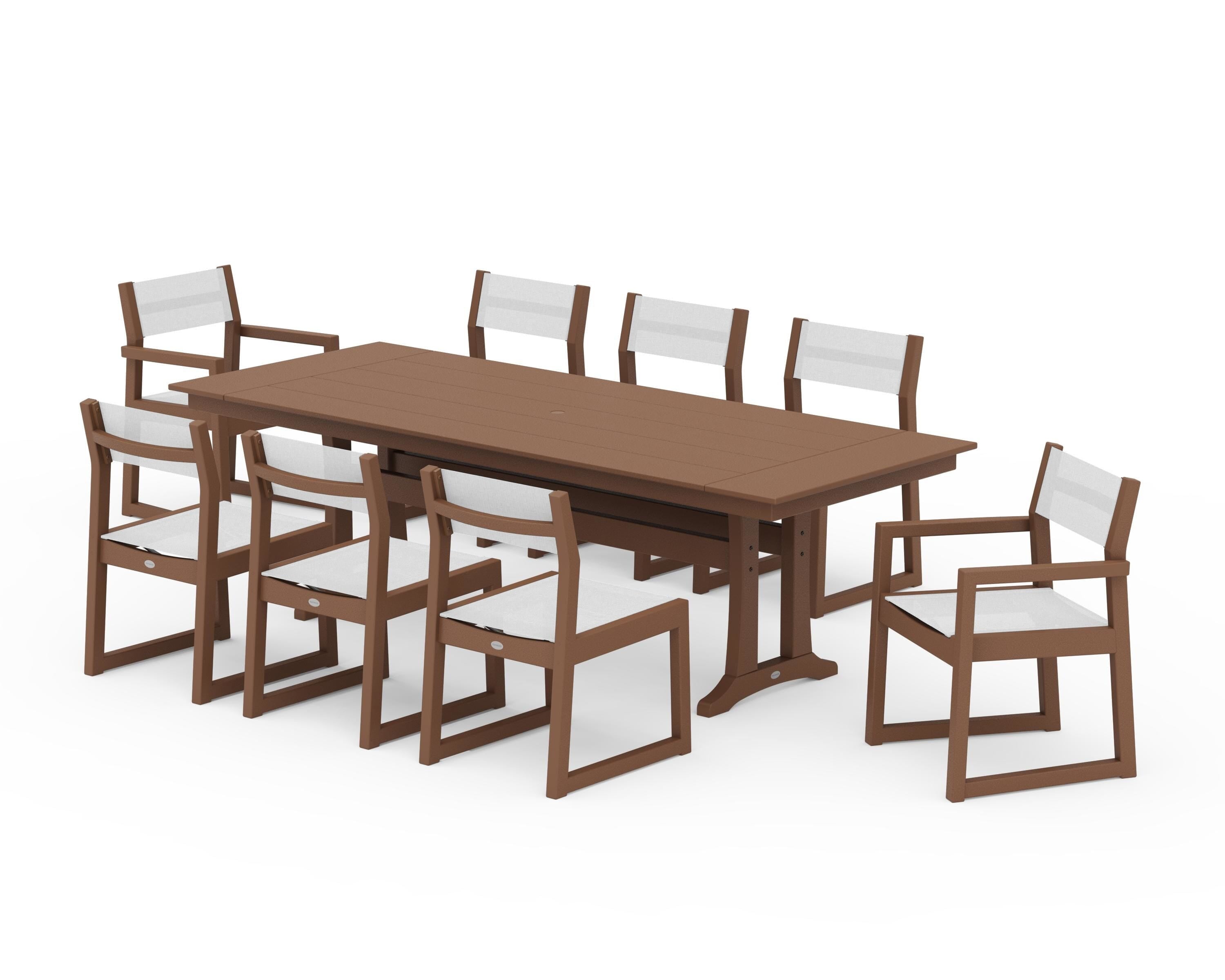 POLYWOOD® EDGE Sling 9-Piece Farmhouse Trestle Dining Set in Teak / White Sling