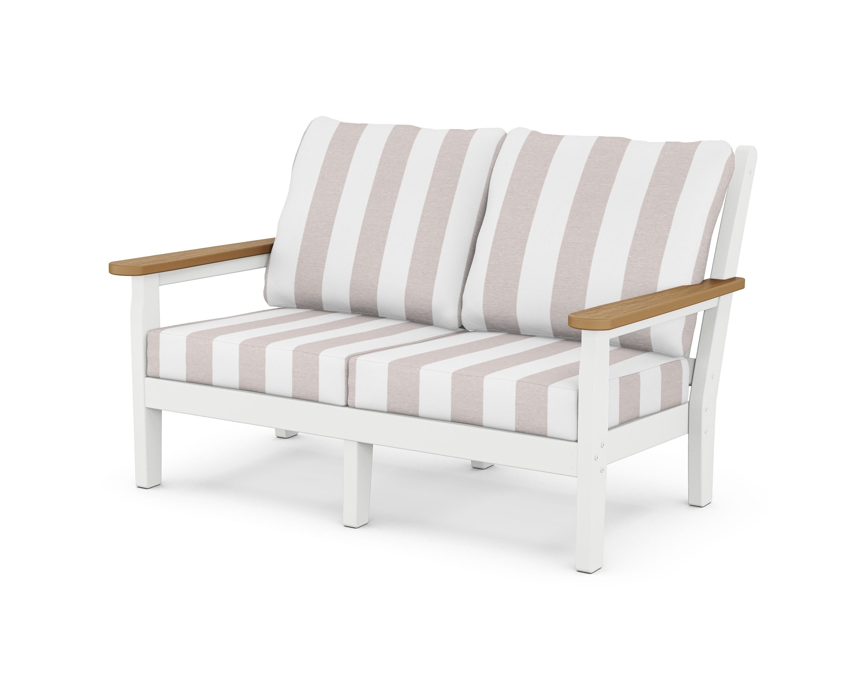 POLYWOOD® Chippendale Deep Seating Loveseat in White / Natural / Cabana Stripe Dune Burlap