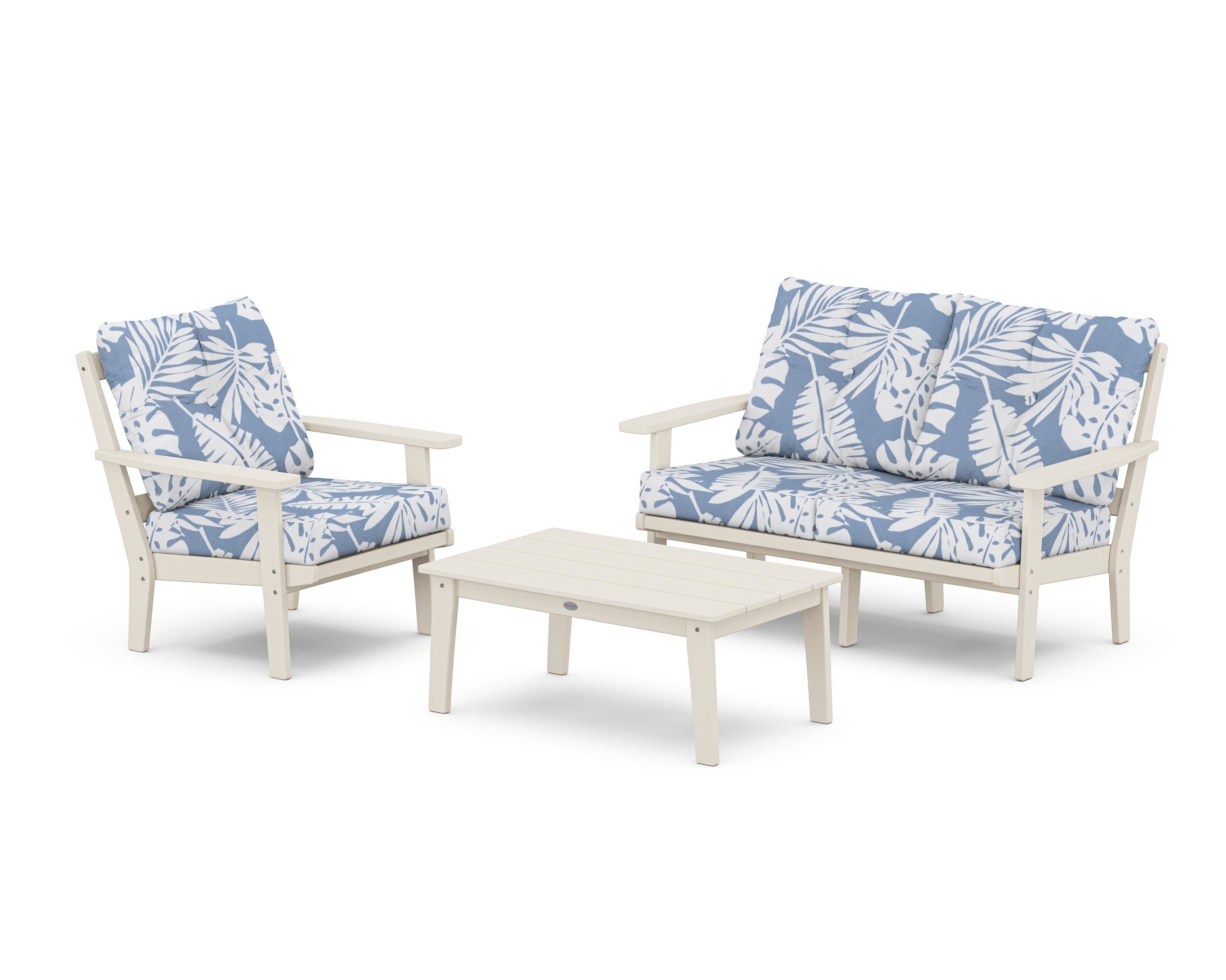 POLYWOOD® Prairie 3-Piece Deep Seating Set with Loveseat in Sand / Leaf Sky Blue