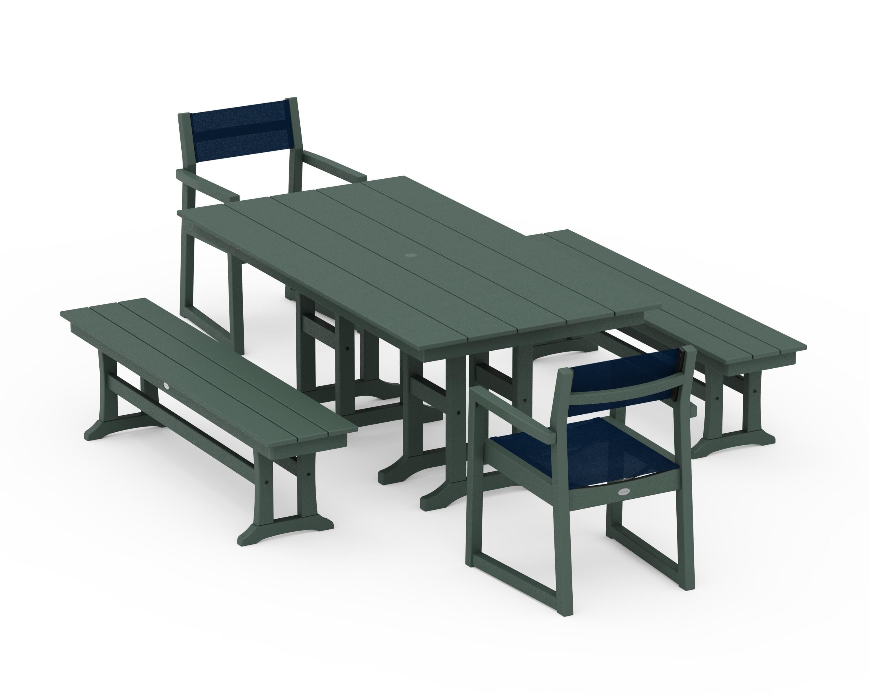 POLYWOOD® EDGE Sling Arm Chair 5-Piece Farmhouse Dining Set with Benches in Green / Navy Blue Sling
