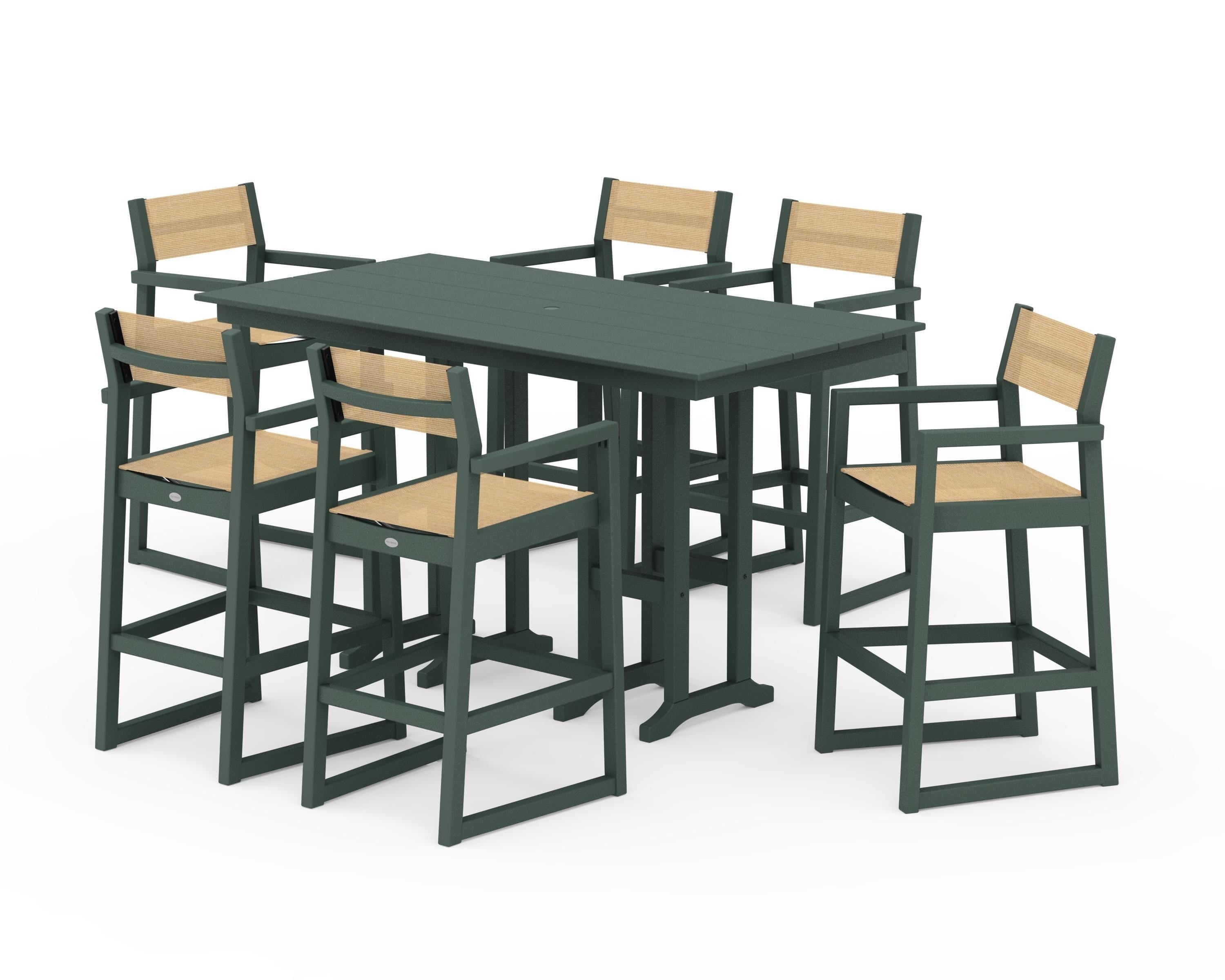 POLYWOOD® EDGE Sling Arm Chair 7-Piece Farmhouse Bar Set in Green / Dupioni Apricot Sling