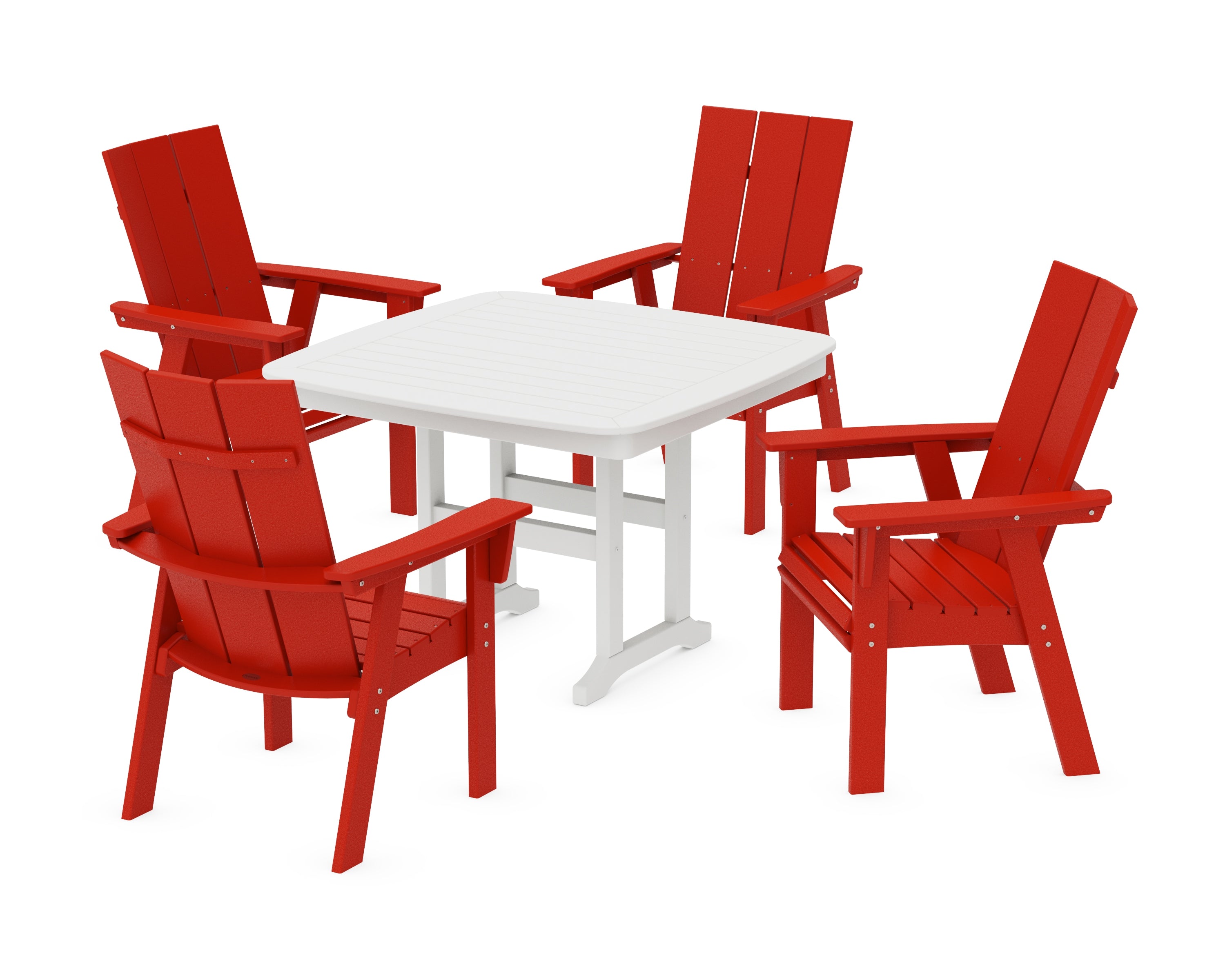 POLYWOOD® Modern Curveback Adirondack 5-Piece Dining Set in Sunset Red / White