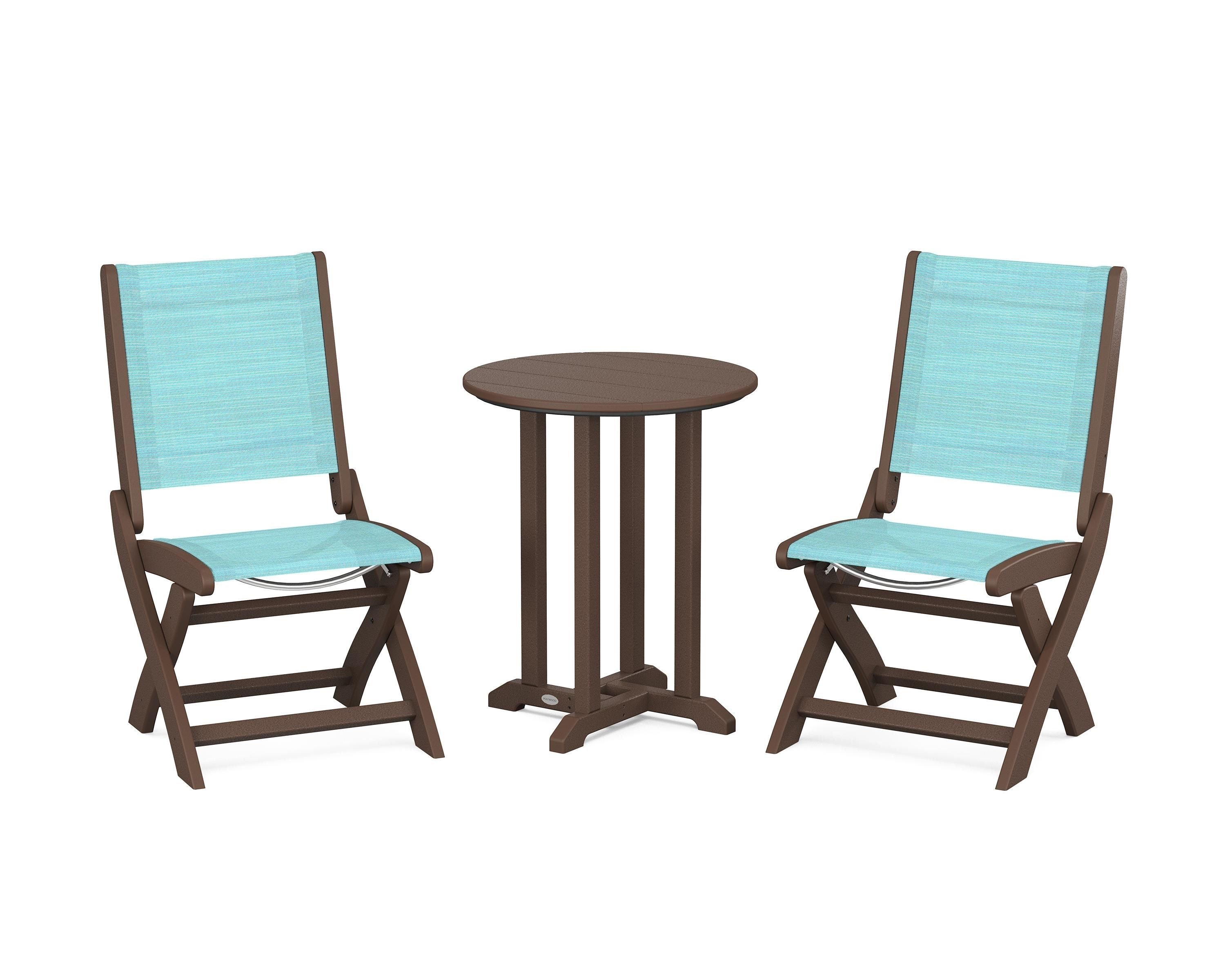 POLYWOOD® Coastal Folding Side Chair 3-Piece Round Bistro Dining Set in Mahogany / Dupioni Aquamarine Sling