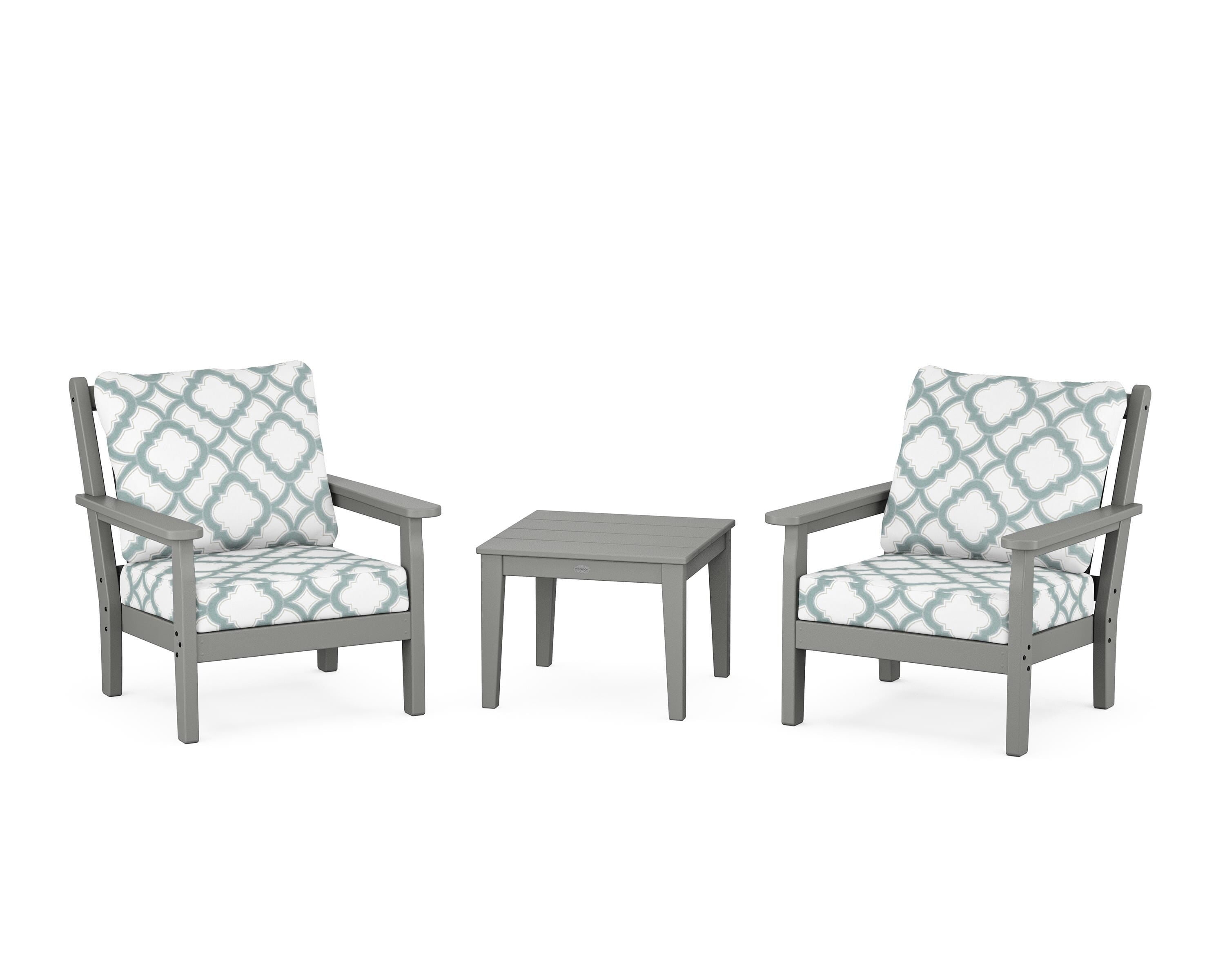 POLYWOOD® Chippendale 3-Piece Deep Seating Set in Slate Grey / Trellis Glacier Spa