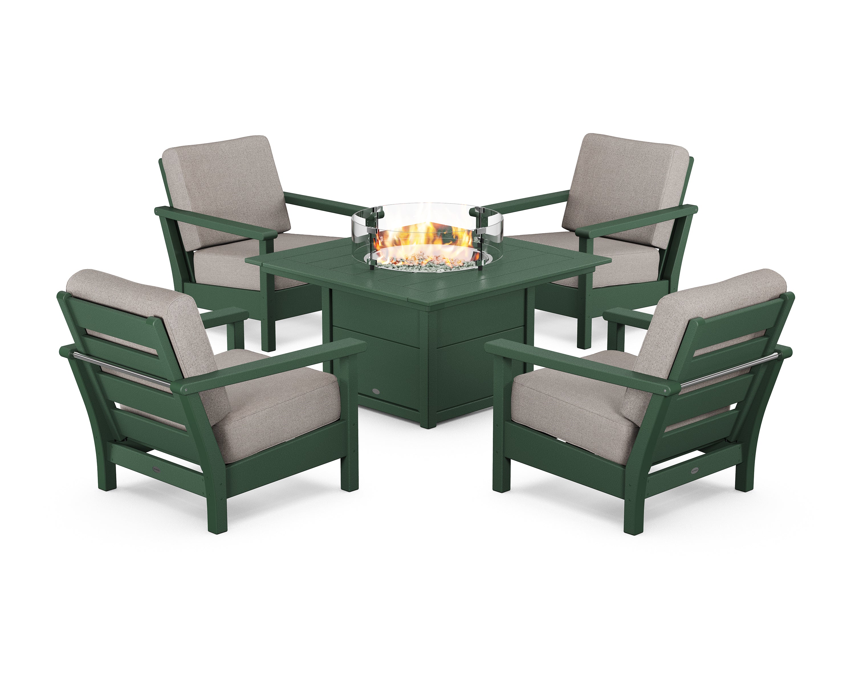 POLYWOOD® Harbour 5-Piece Conversation Set with Fire Pit Table in Green / Weathered Tweed