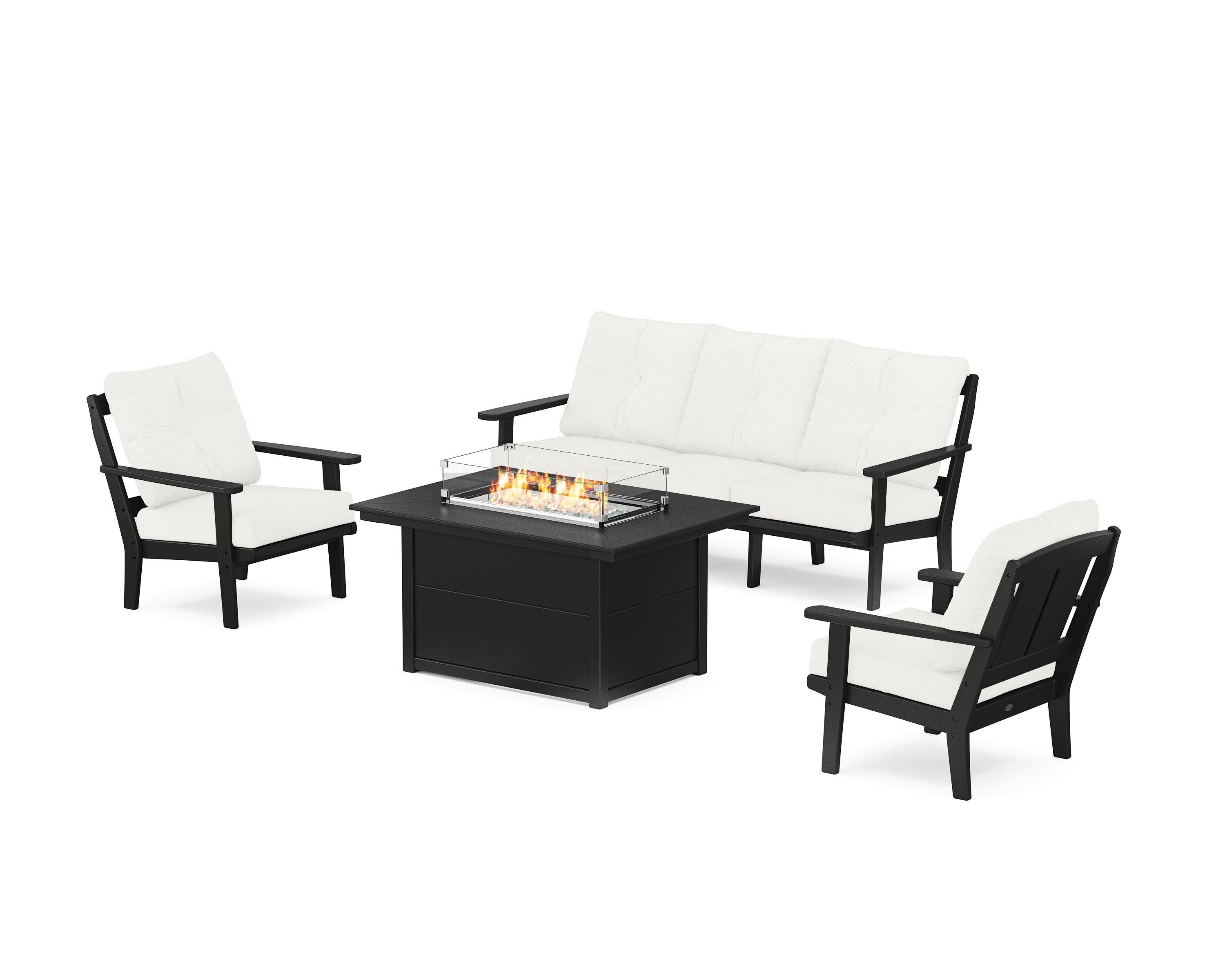 POLYWOOD® Mission Deep Seating Fire Pit Table Set in Black / Natural Linen