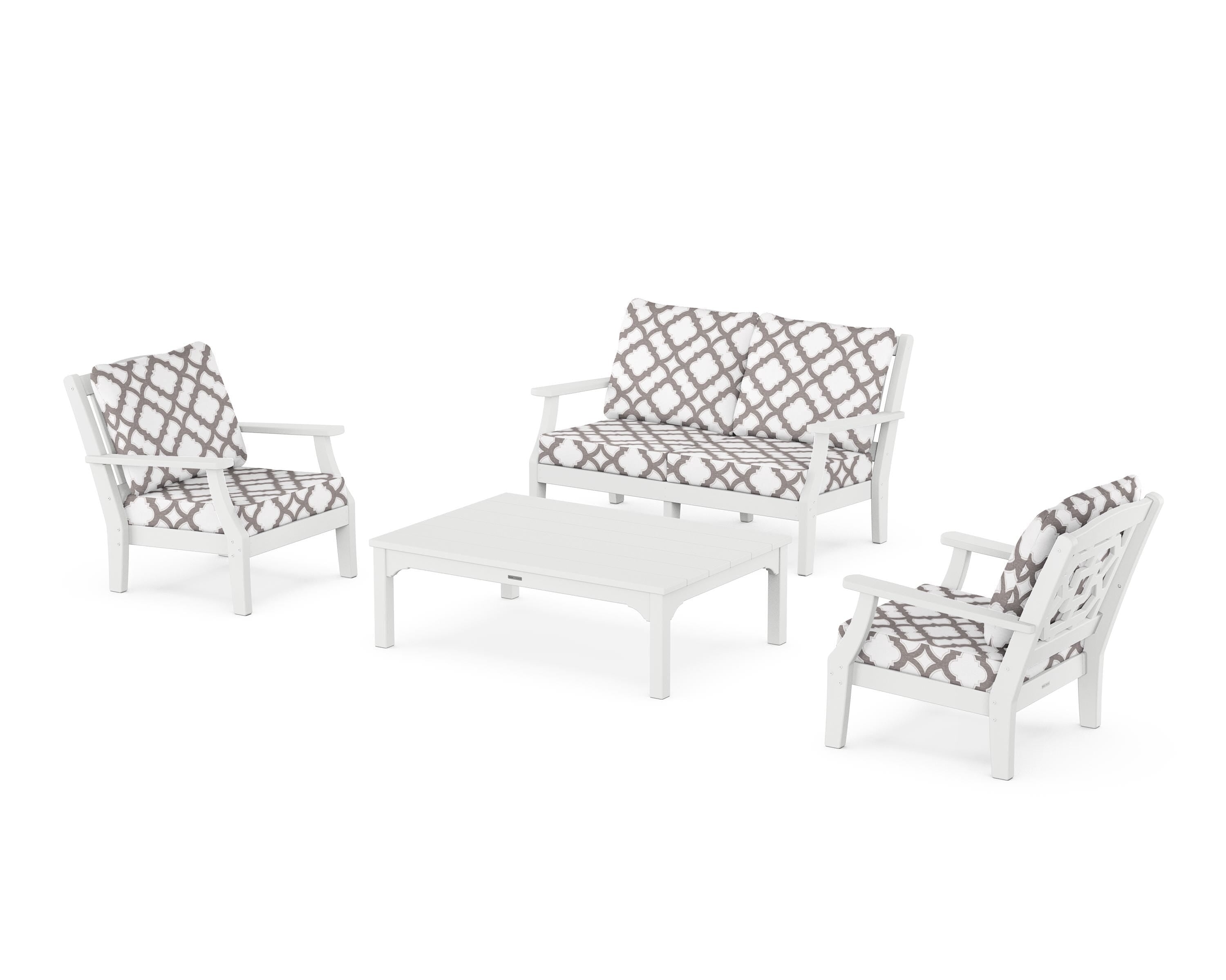 Martha Stewart by POLYWOOD® Chinoiserie 4-Piece Deep Seating Set with Loveseat in White / Trellis Grey Mist