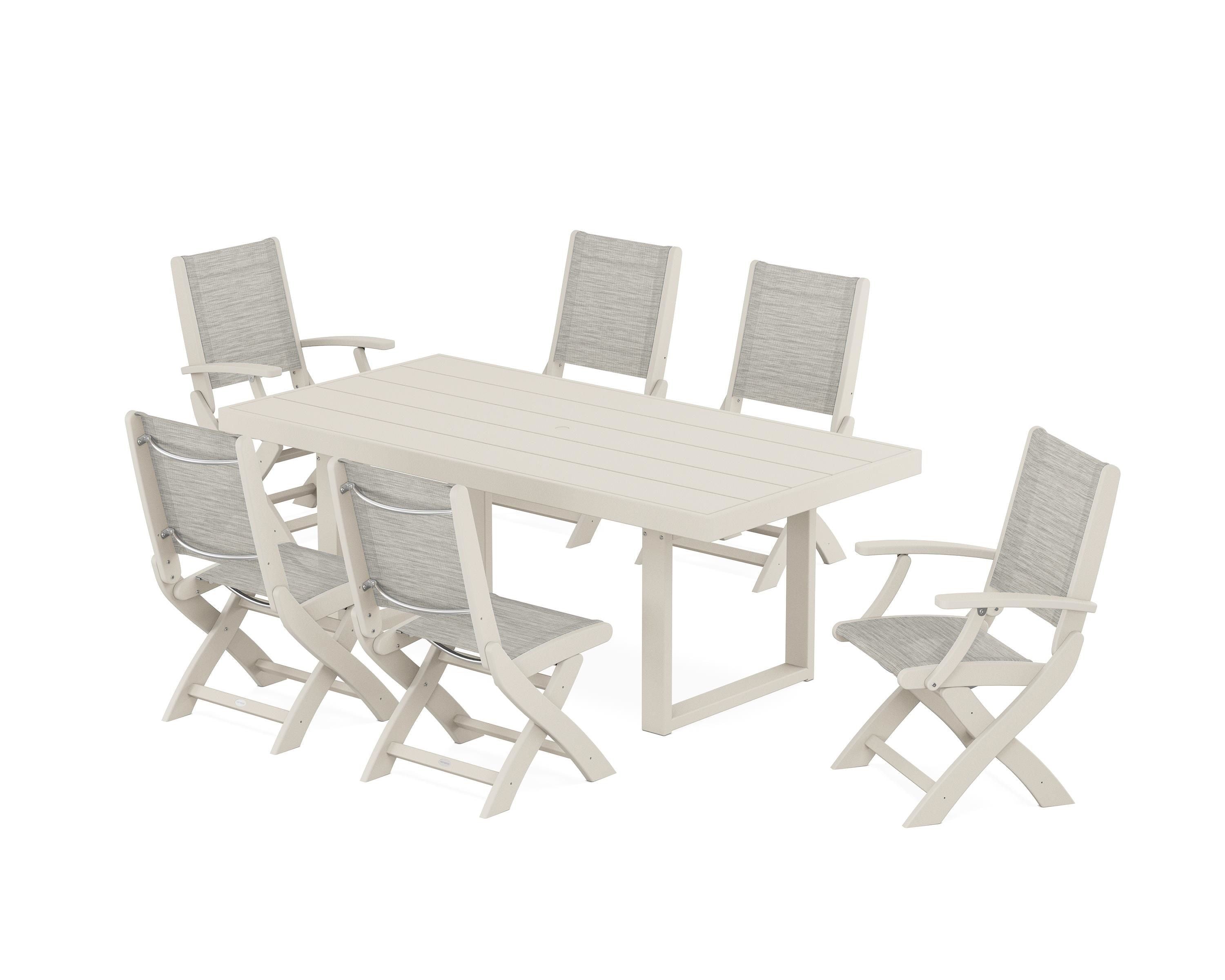 POLYWOOD® Coastal Folding Chair 7-Piece Dining Set with Trestle Legs in Sand / Birch Sling