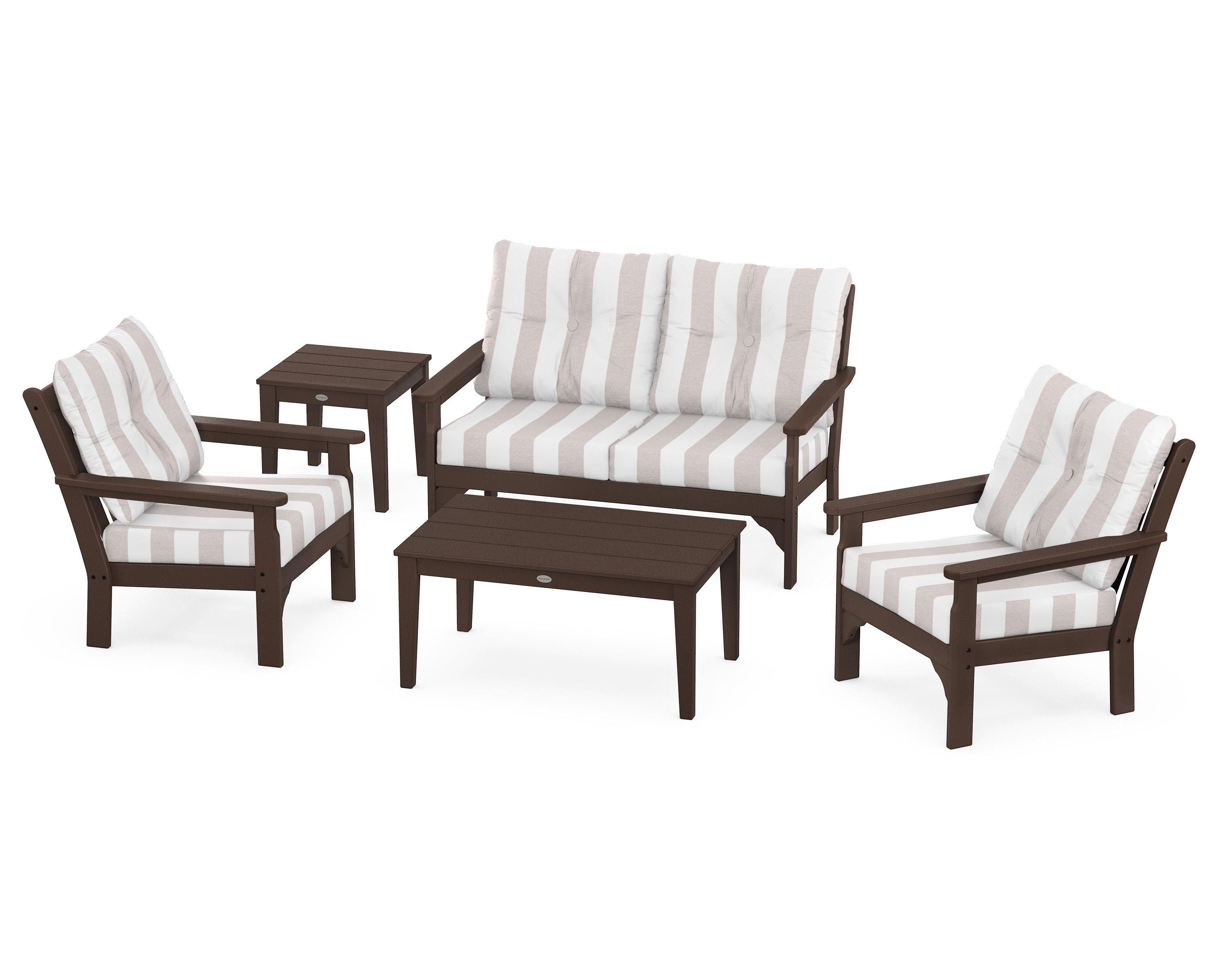 POLYWOOD® Vineyard 5-Piece Deep Seating Set in Mahogany / Cabana Stripe Dune Burlap