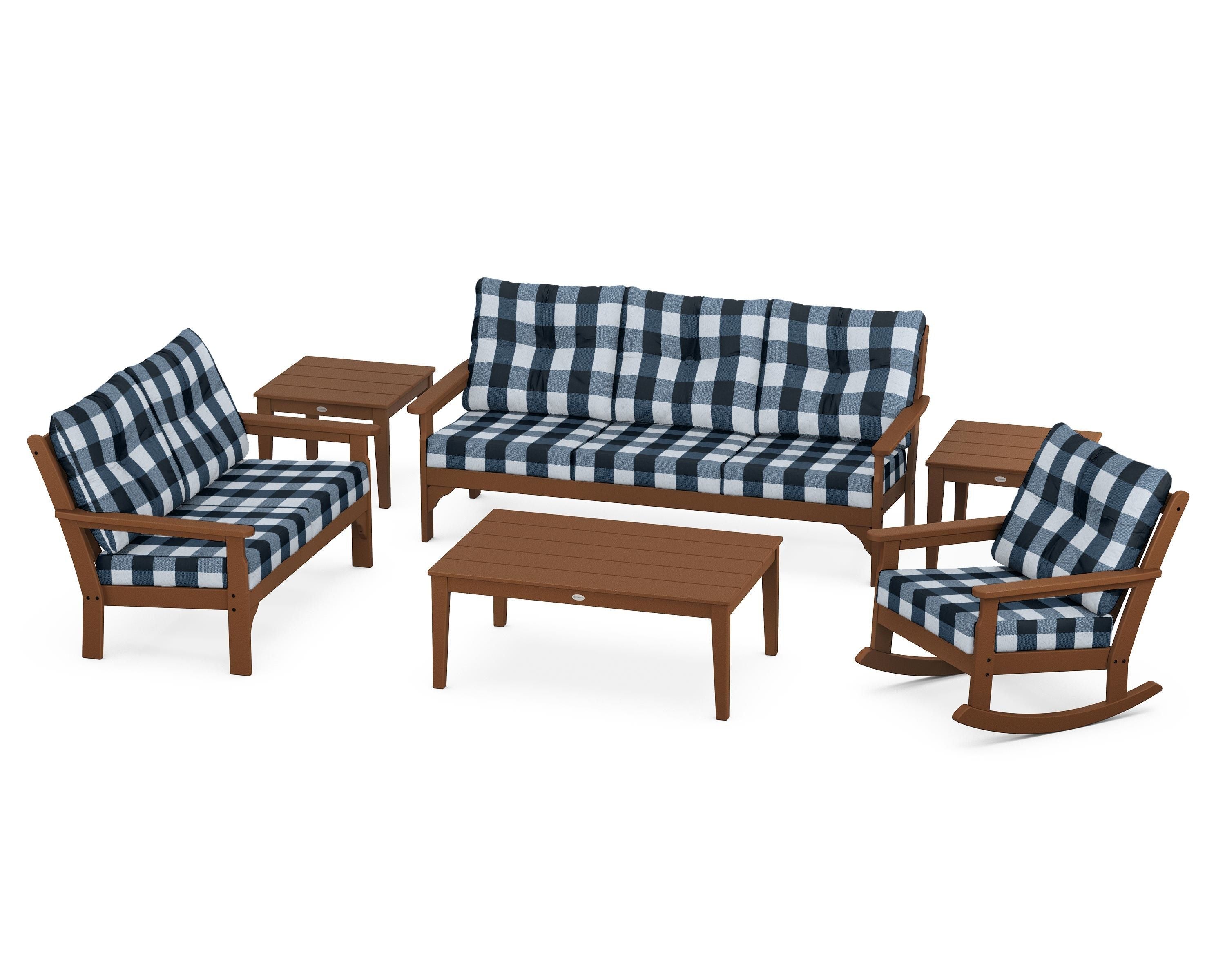 POLYWOOD® Vineyard 6-Piece Deep Seating Set in Teak / Buffalo Plaid Marine Indigo