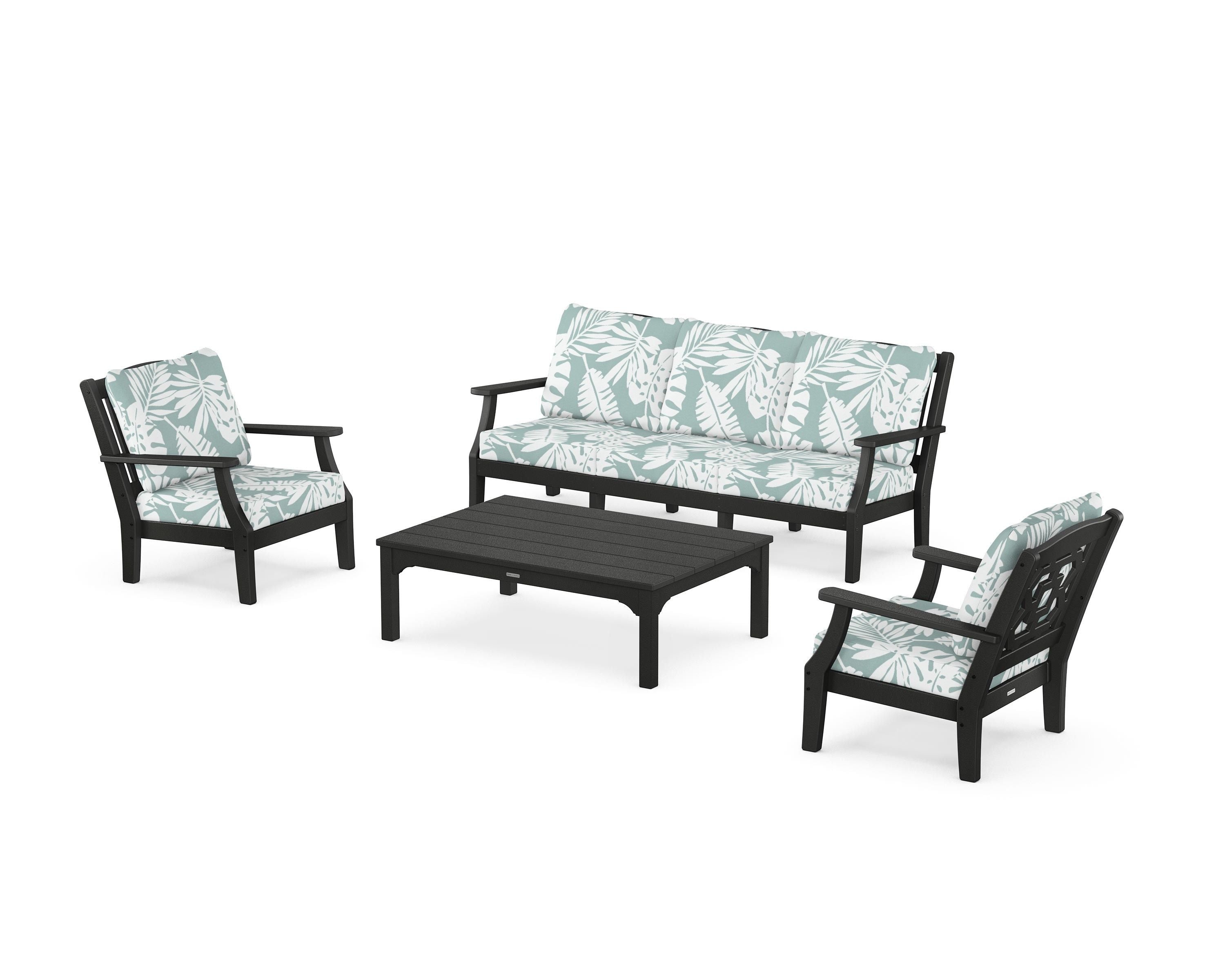 Martha Stewart by POLYWOOD® Chinoiserie 4-Piece Deep Seating Set with Sofa in Black / Leaf Glacier Spa
