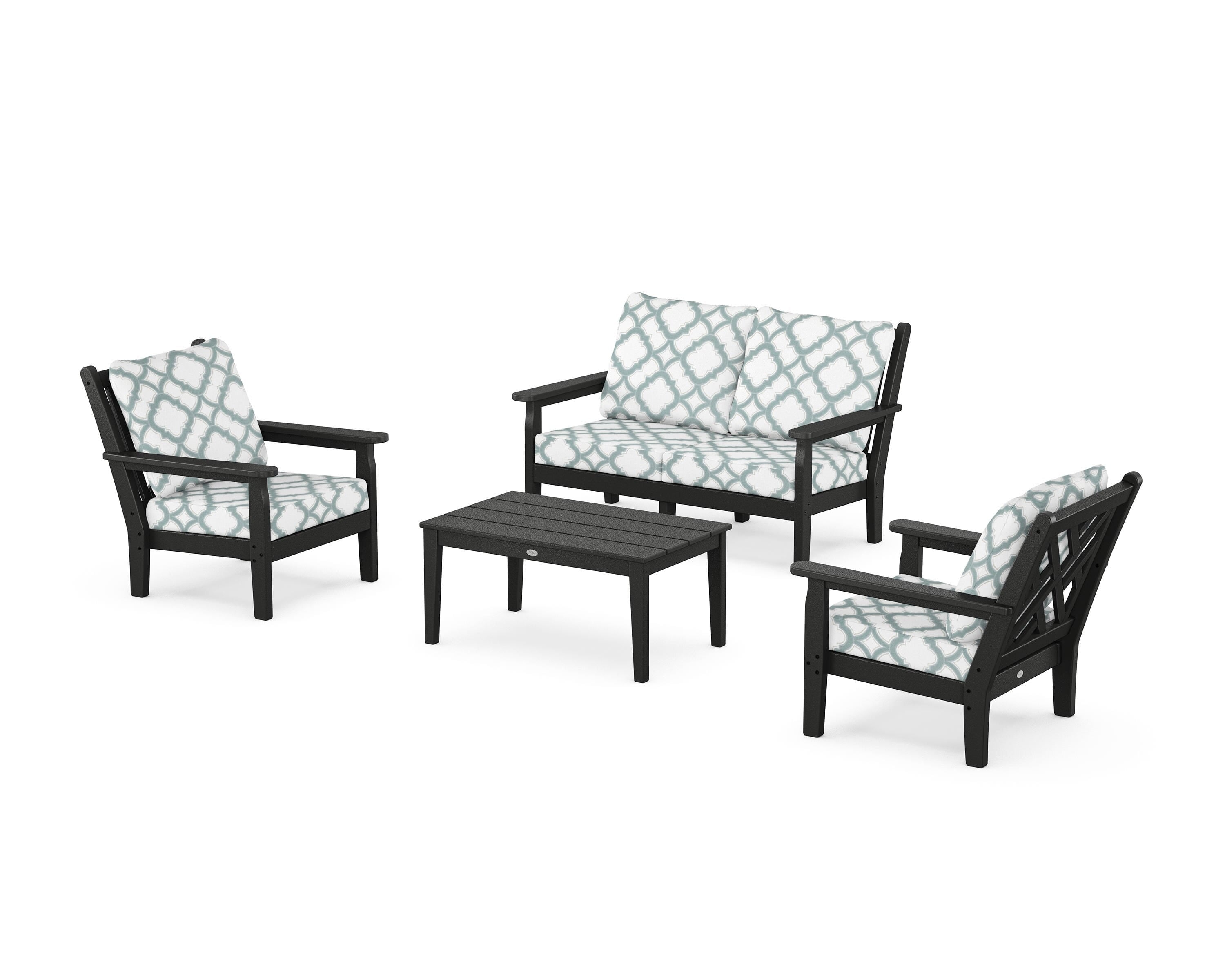 POLYWOOD® Chippendale 4-Piece Deep Seating Set with Loveseat in Black / Trellis Glacier Spa