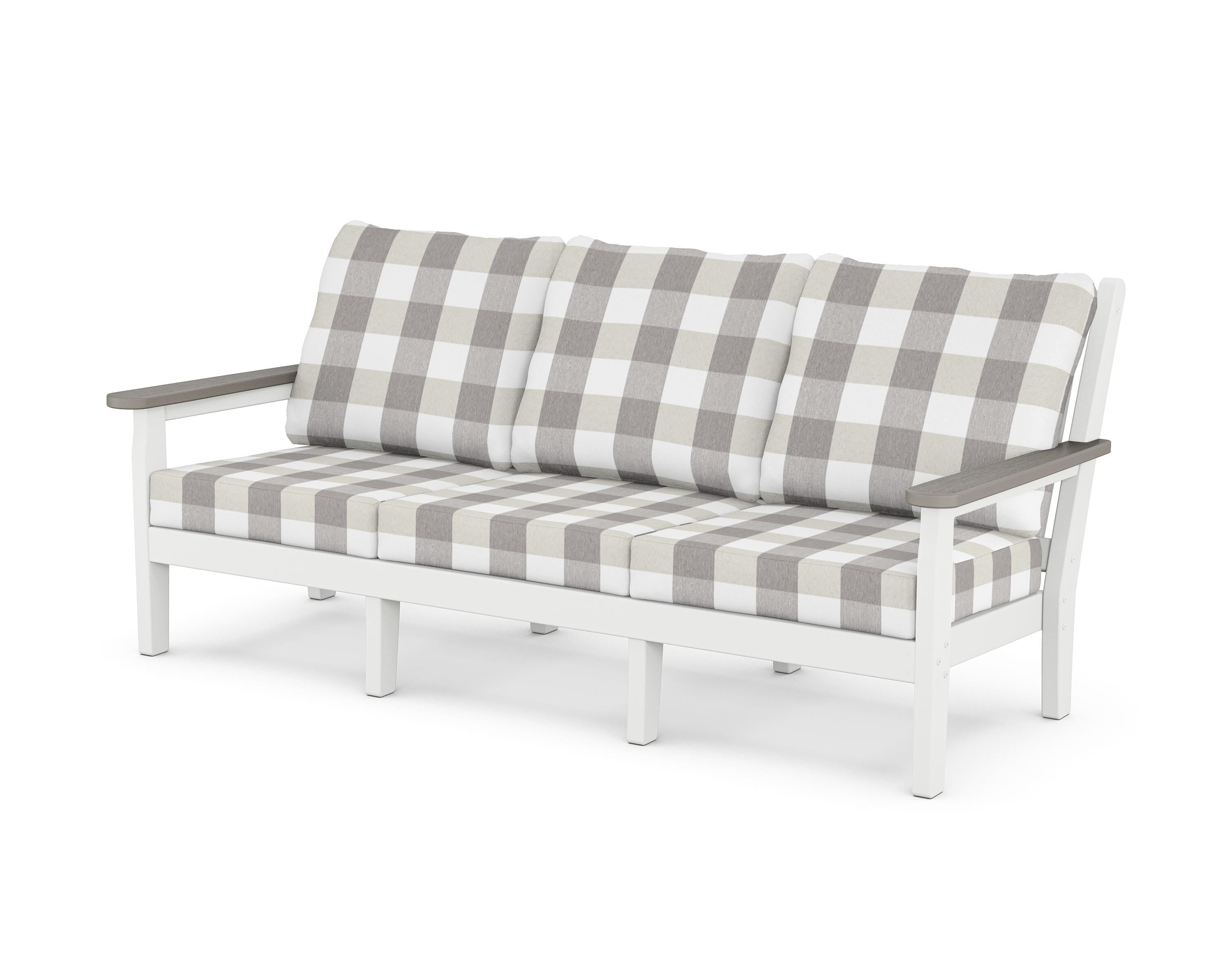 POLYWOOD® Chippendale Deep Seating Sofa in White / Driftwood / Buffalo Plaid Grey Mist