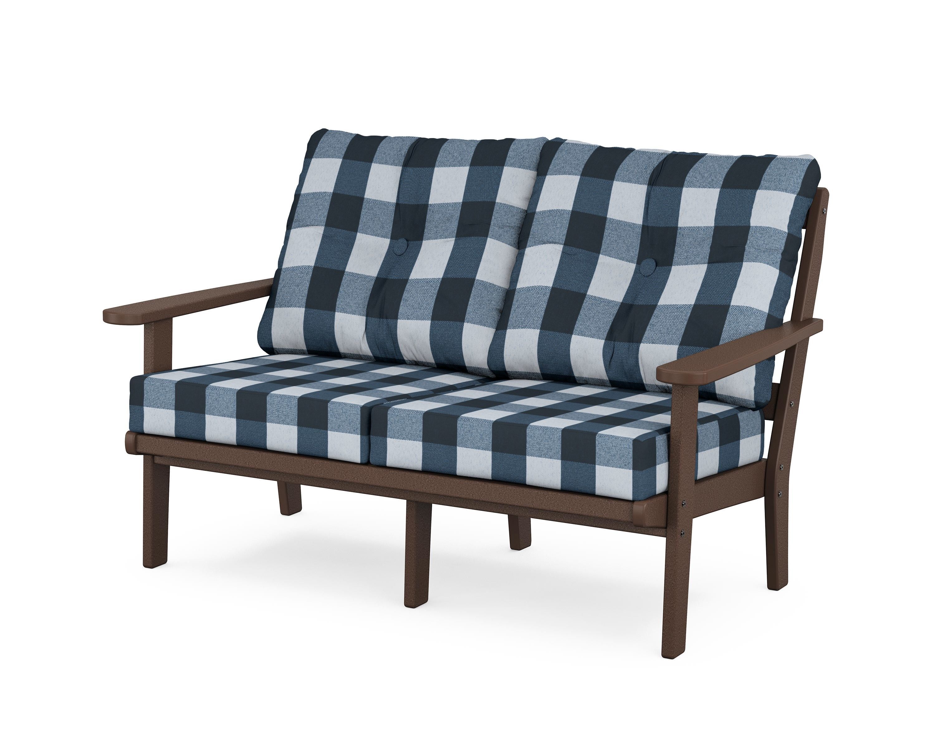 POLYWOOD® Mission Deep Seating Loveseat in Mahogany / Buffalo Plaid Marine Indigo