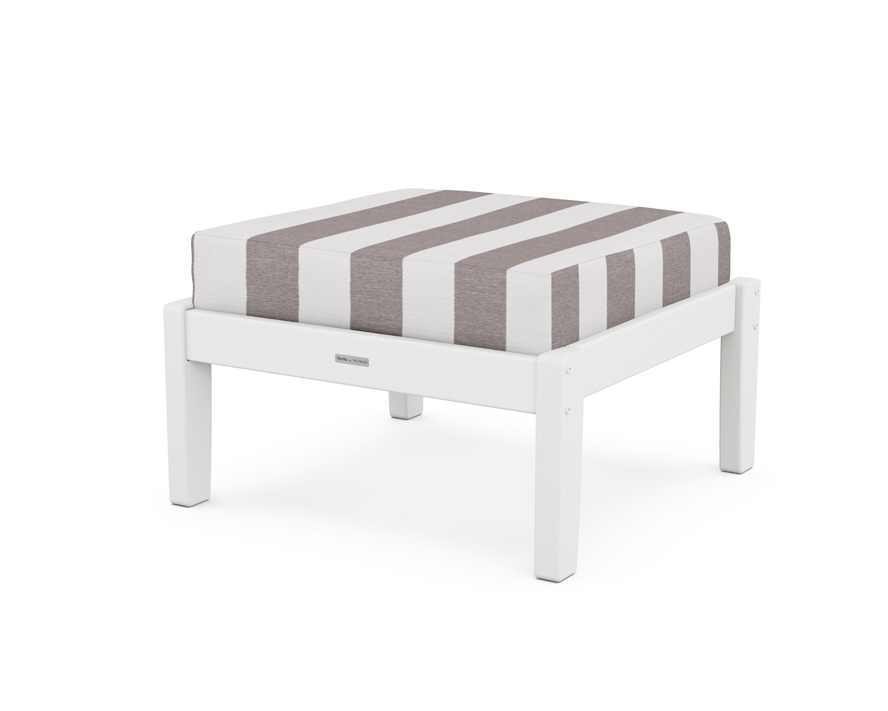 Martha Stewart by POLYWOOD® Chinoiserie Deep Seating Ottoman in White / Cabana Stripe Grey Mist