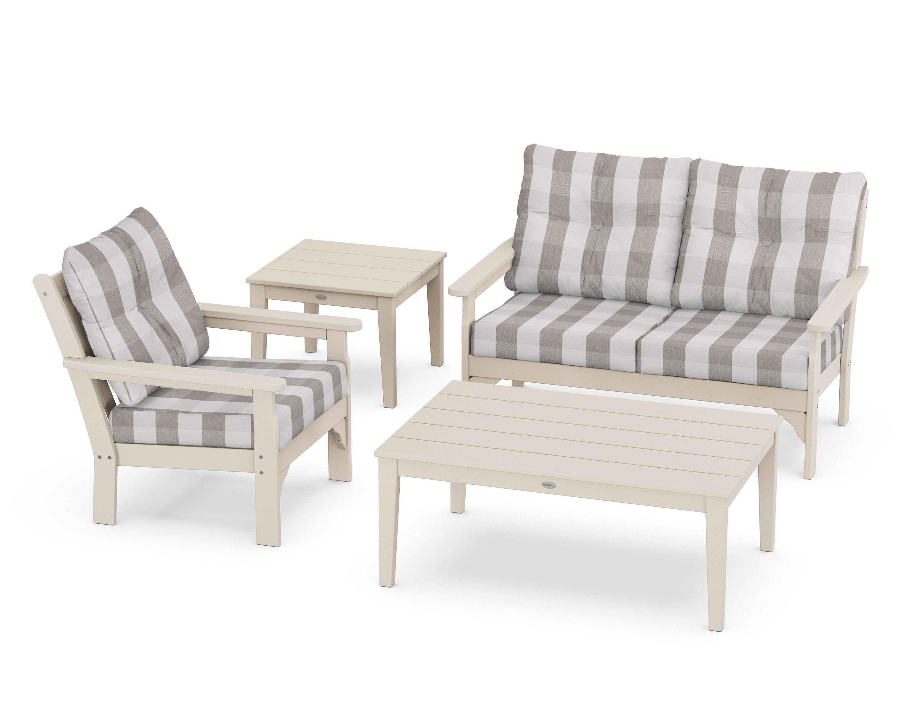 POLYWOOD® Vineyard 4-Piece Deep Seating Set in Sand / Buffalo Plaid Grey Mist