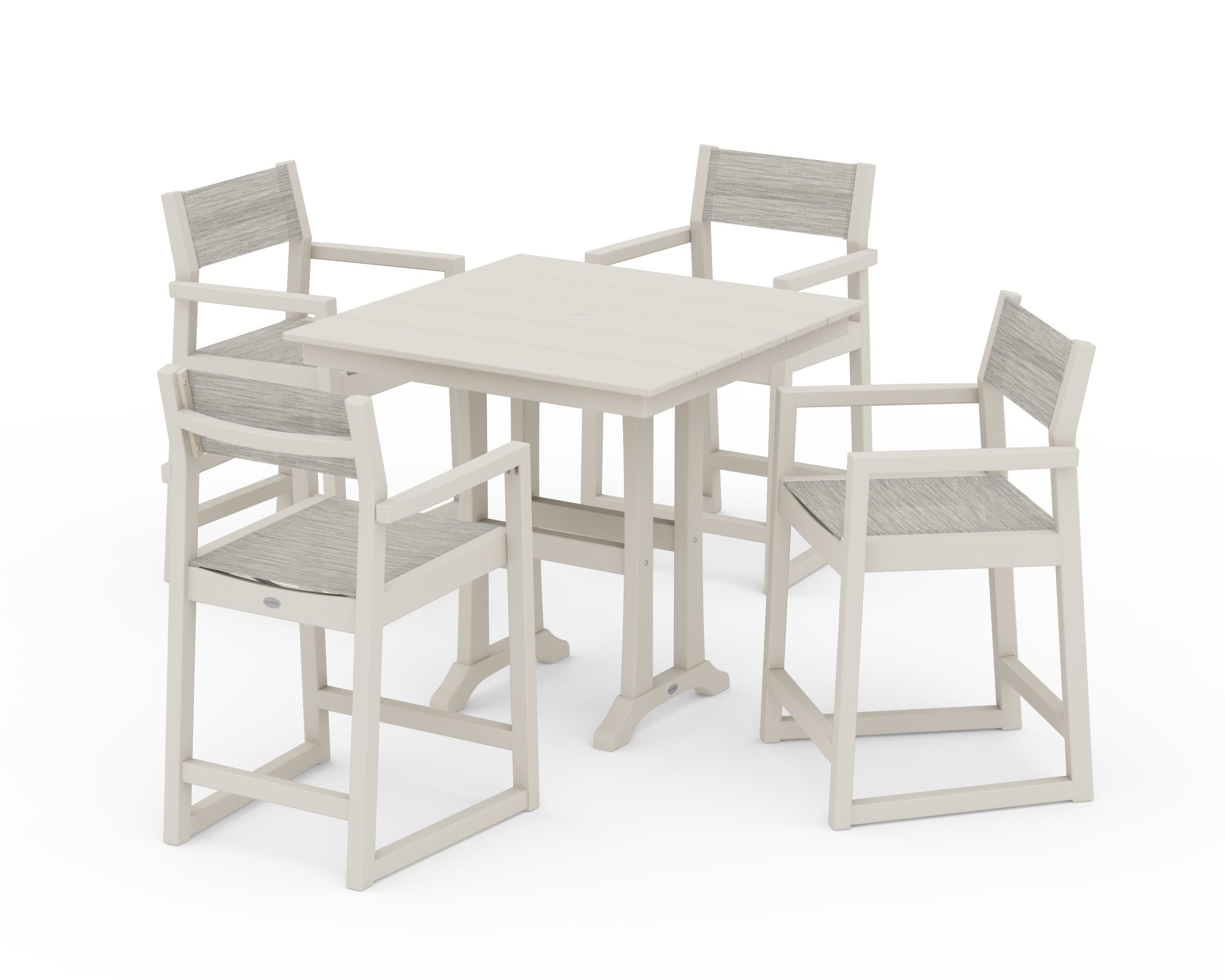 POLYWOOD® EDGE Sling Arm Chair 5-Piece Farmhouse Counter Set with Trestle Legs in Sand / Birch Sling