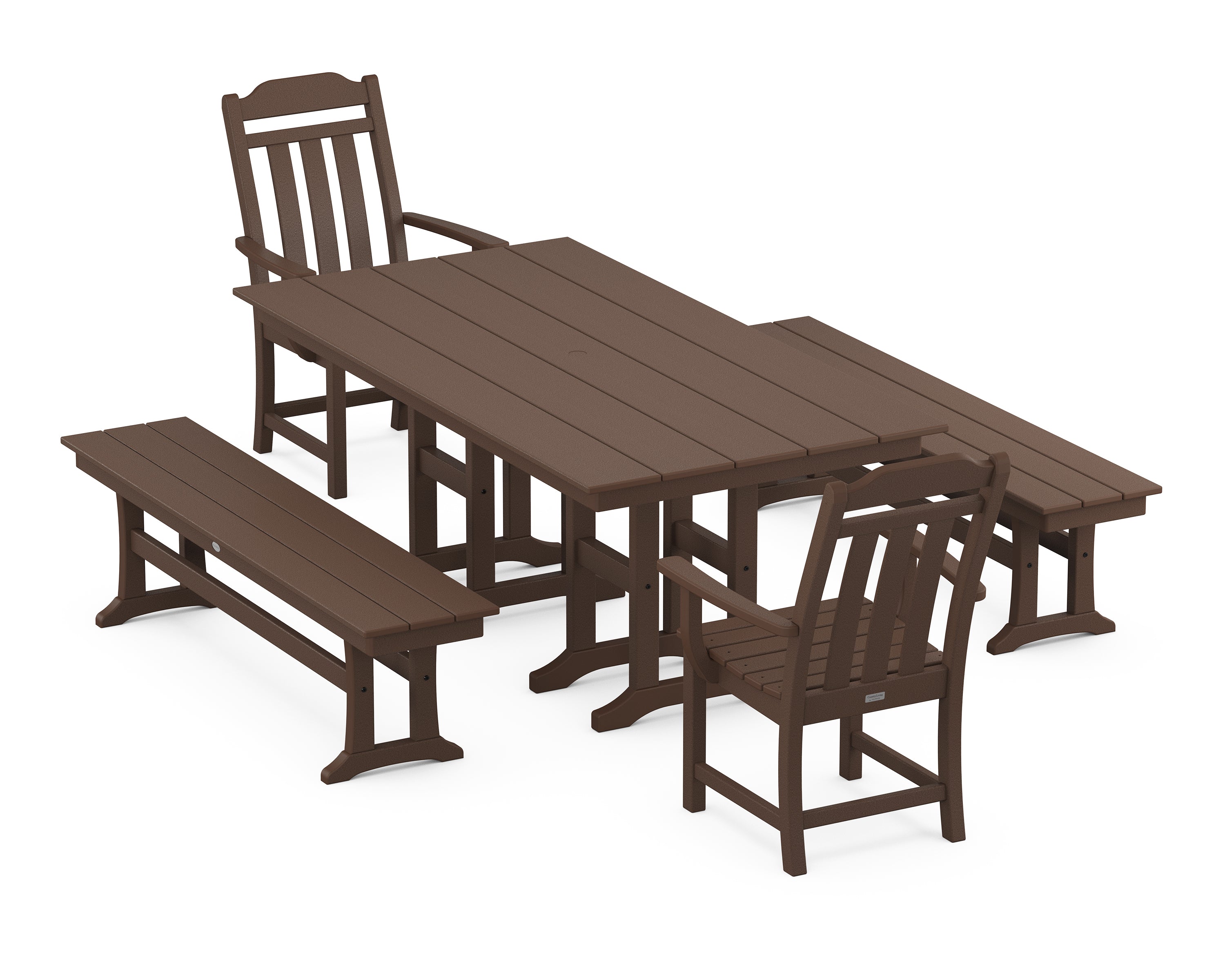 Country Living Cottage 5-Piece Farmhouse Dining Set with Benches in Mahogany