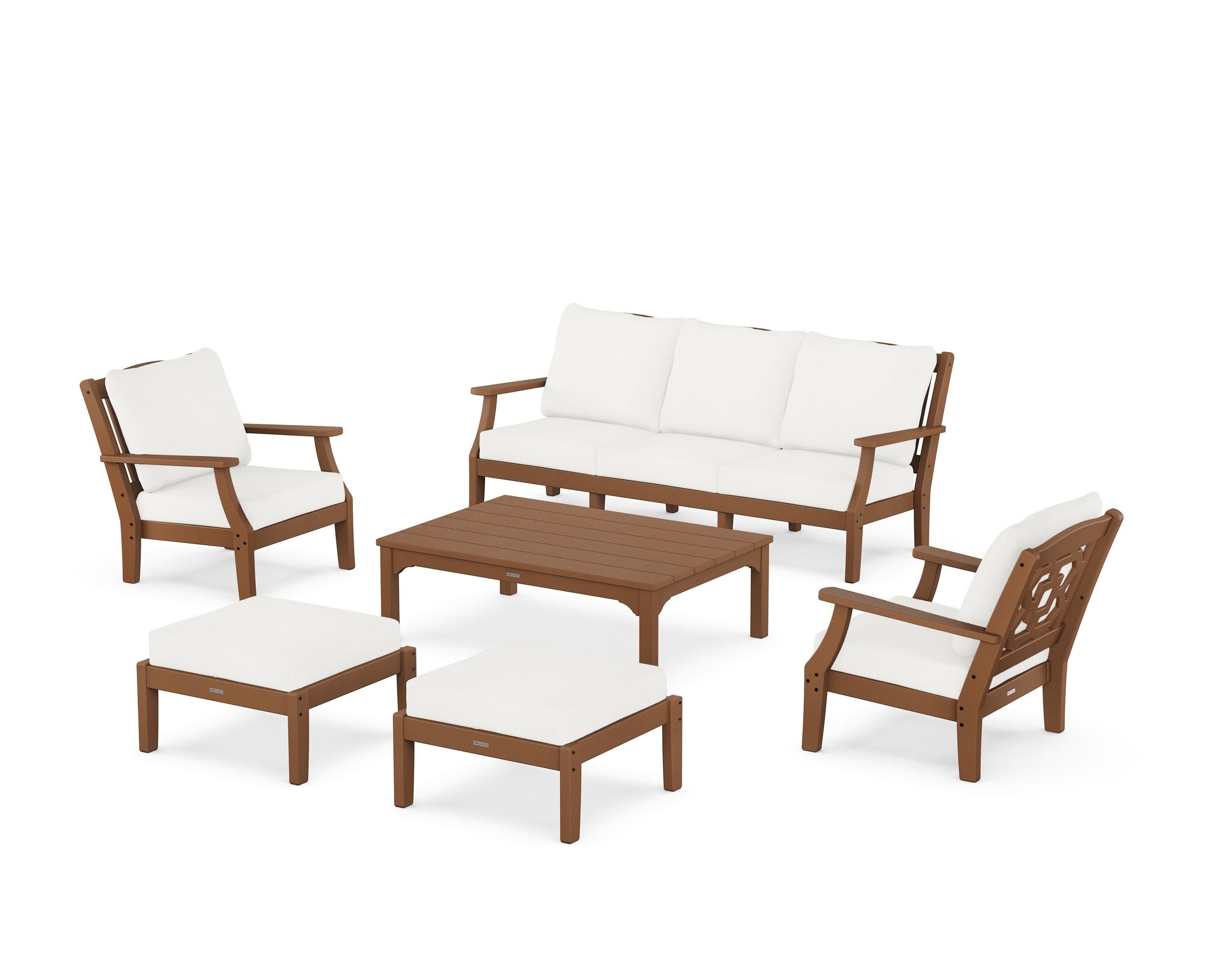 Martha Stewart by POLYWOOD® Chinoiserie 6-Piece Lounge Sofa Set in Teak / Natural Linen