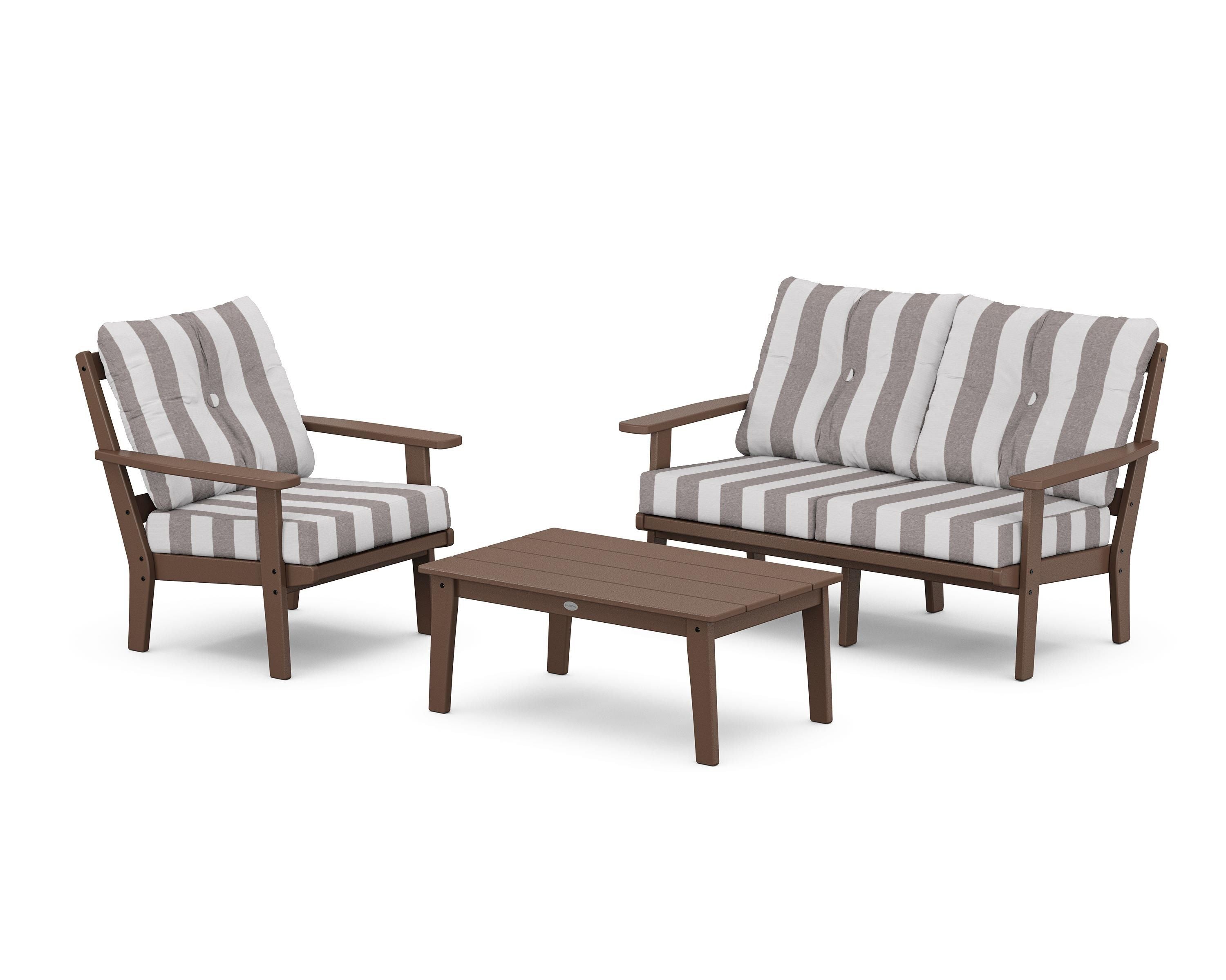 POLYWOOD® Oxford 3-Piece Deep Seating Set with Loveseat in Mahogany / Cabana Stripe Grey Mist
