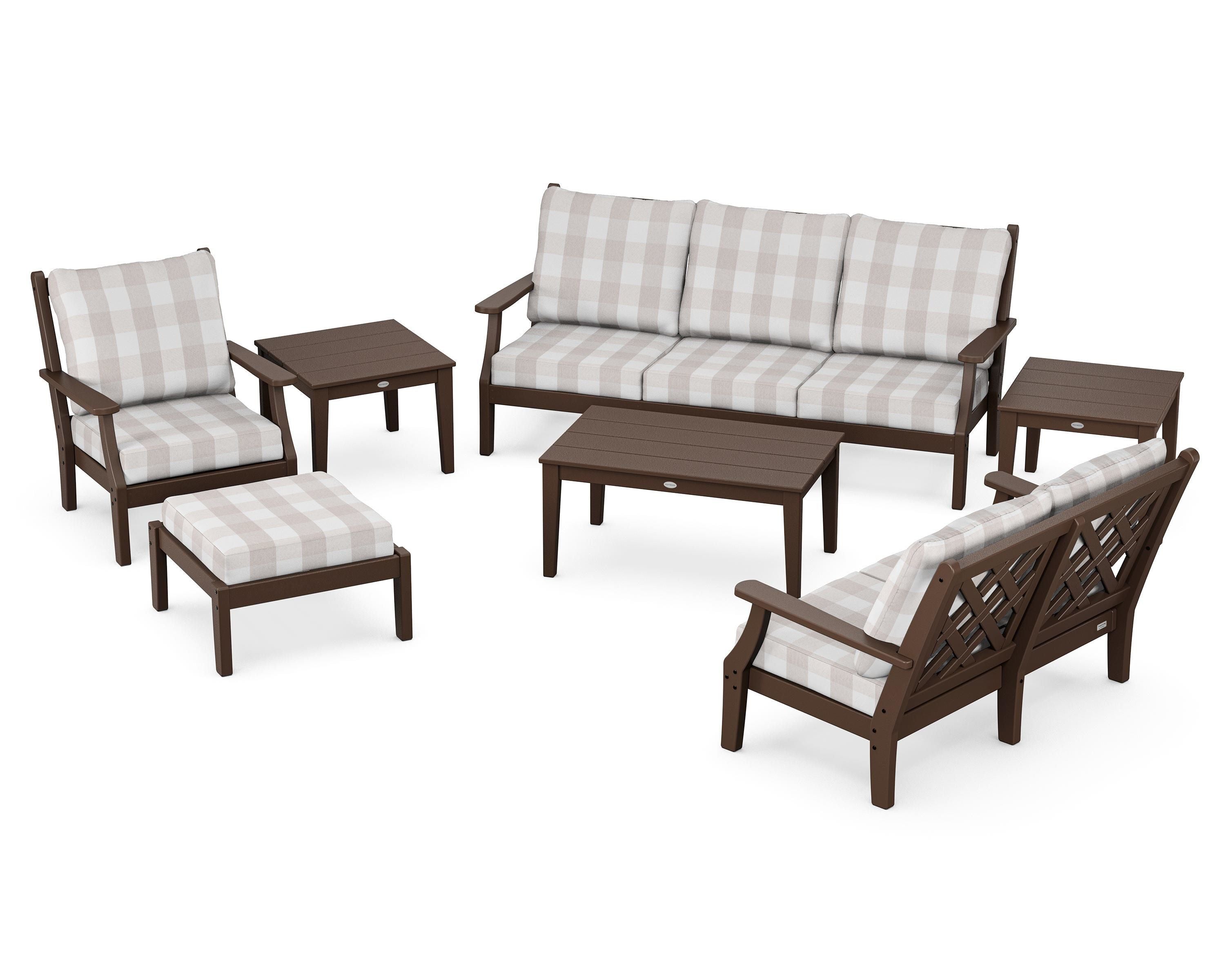 Country Living Wovendale 7-Piece Deep Seating Set in Mahogany / Buffalo Plaid Dune Burlap