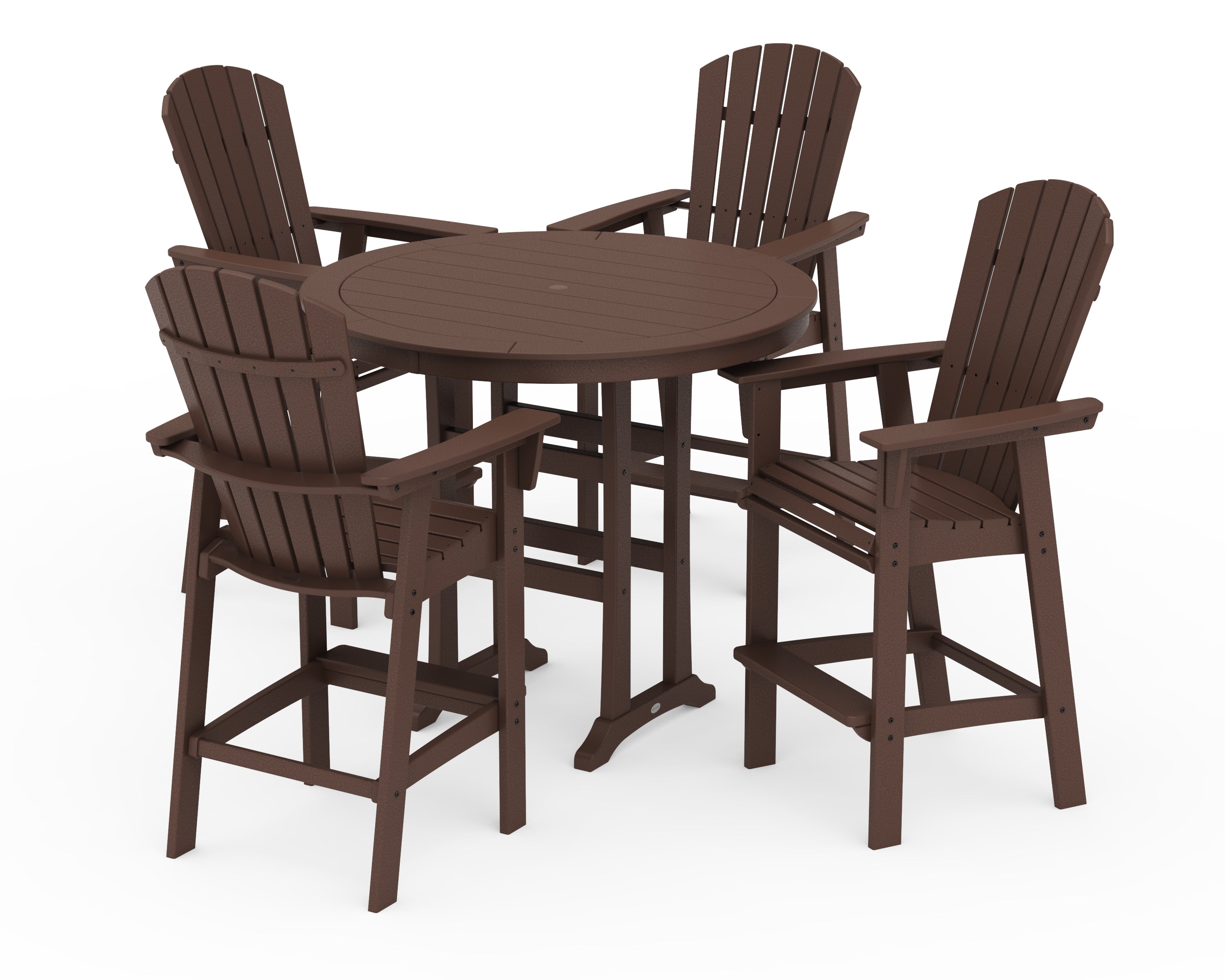 POLYWOOD® Nautical Curveback Adirondack 5-Piece Round Trestle Bar Set in Mahogany