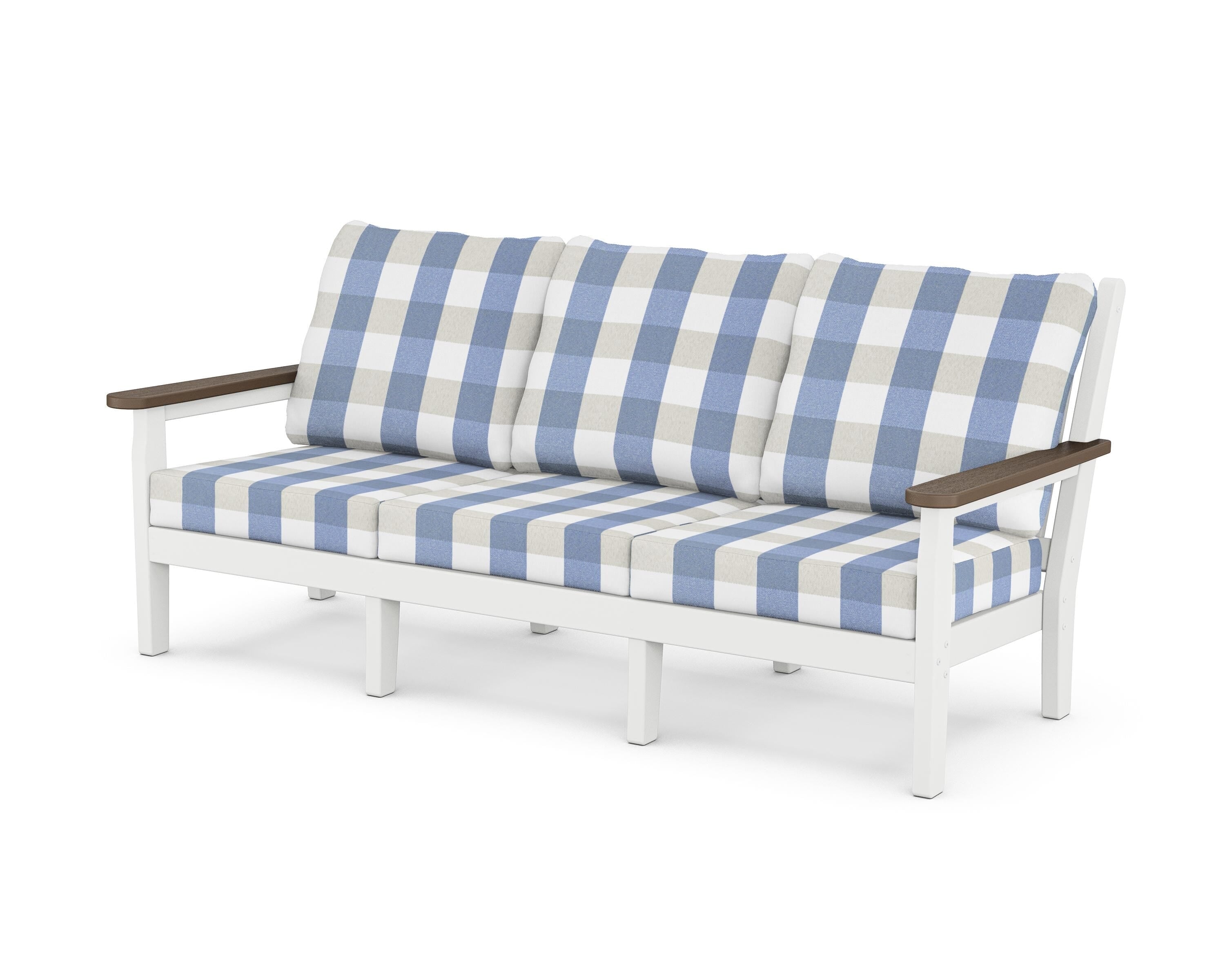 POLYWOOD® Chippendale Deep Seating Sofa in White / Kona / Buffalo Plaid Sky Blue