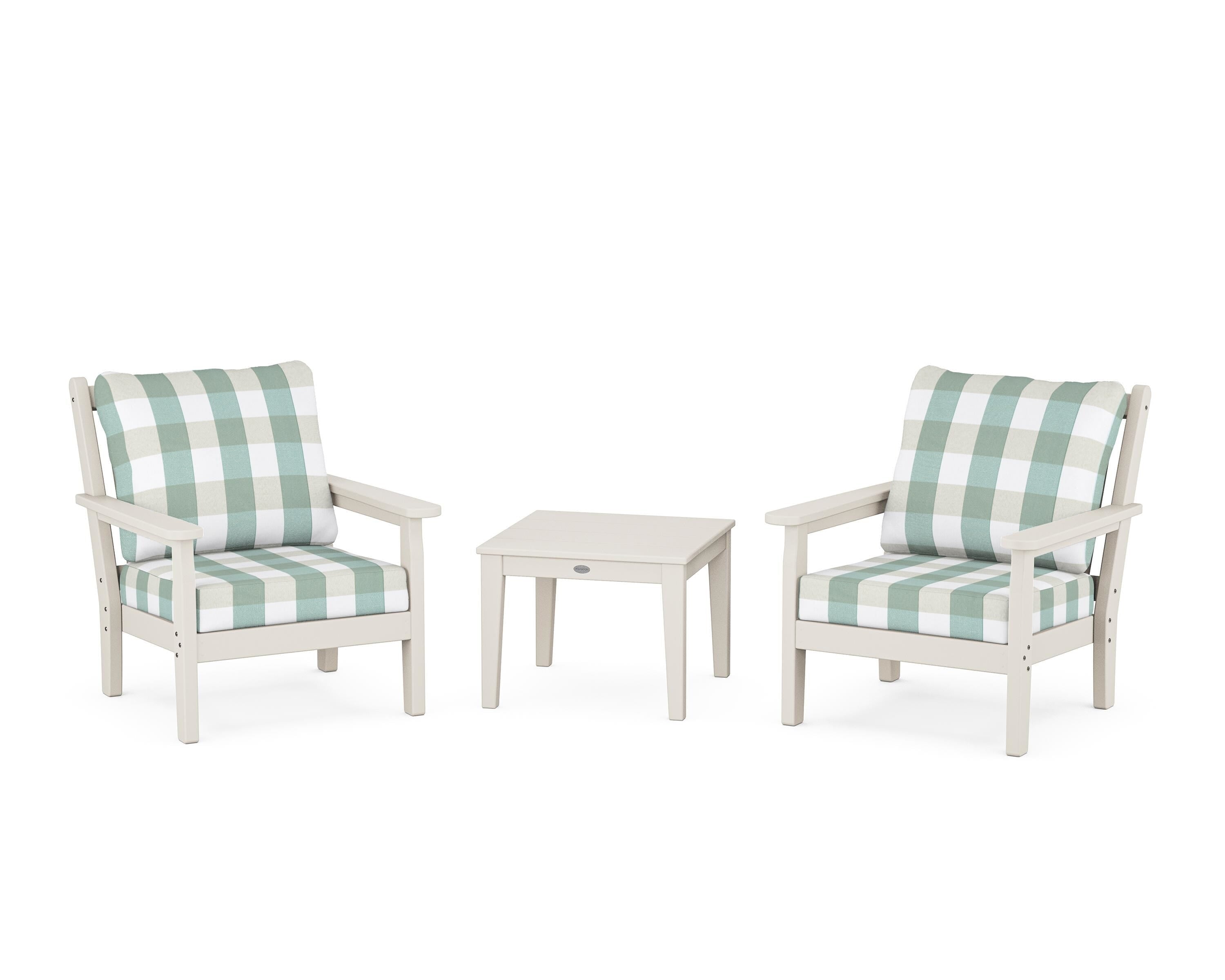 POLYWOOD® Chippendale 3-Piece Deep Seating Set in Sand / Buffalo Plaid Glacier Spa