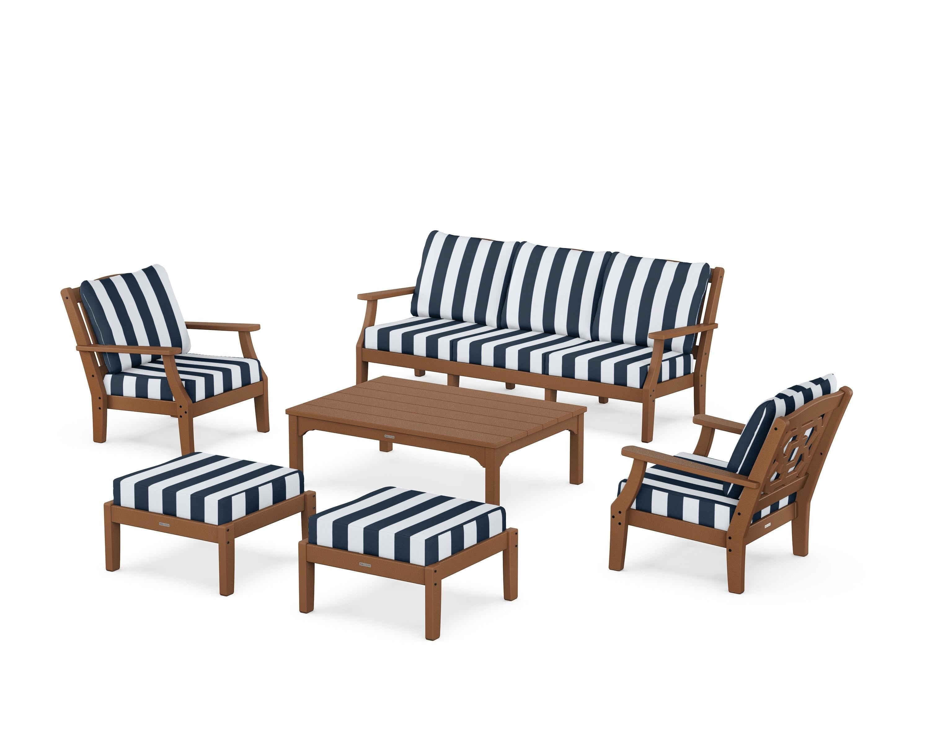 Martha Stewart by POLYWOOD® Chinoiserie 6-Piece Lounge Sofa Set in Teak / Cabana Stripe Marine Indigo