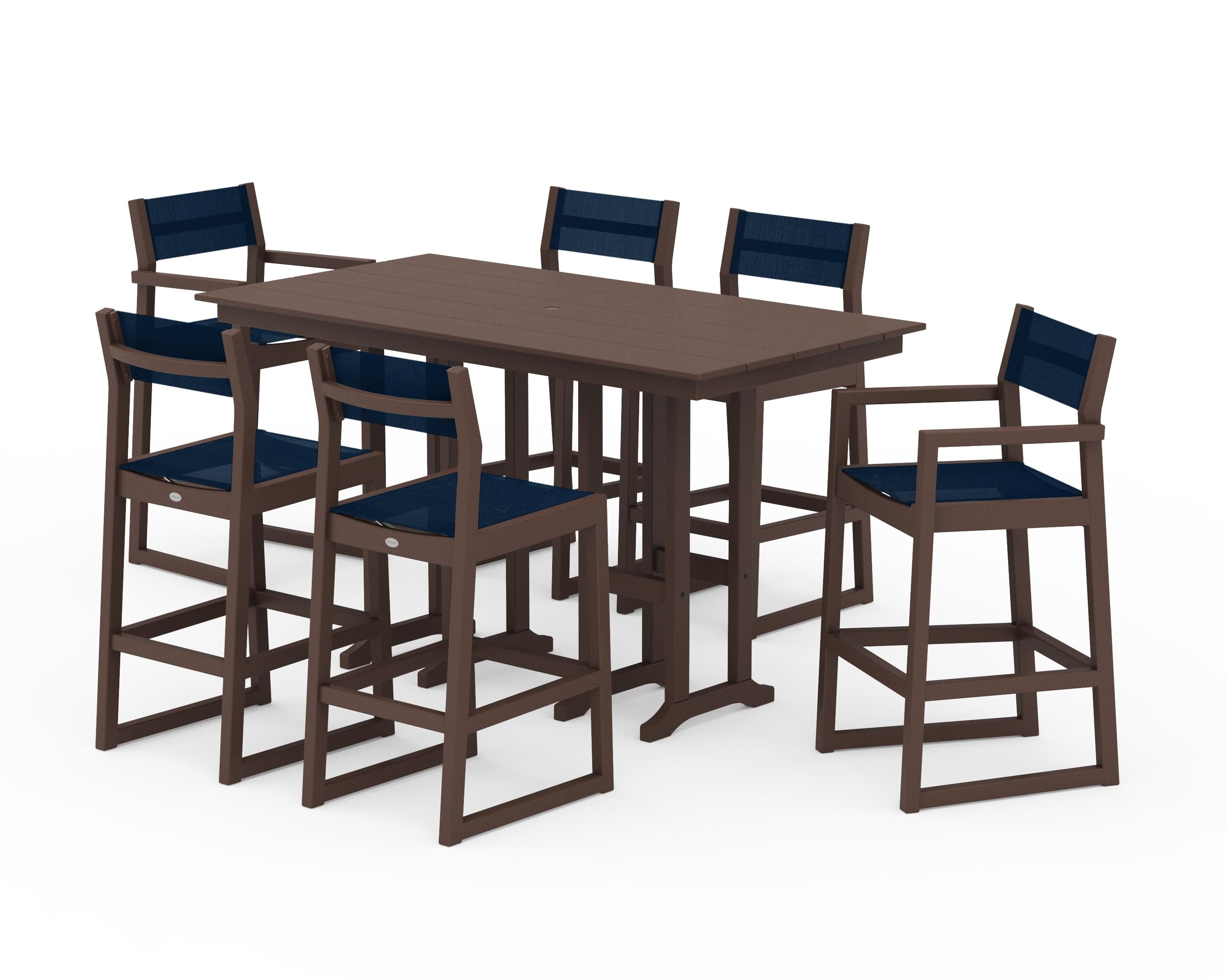 POLYWOOD® EDGE Sling 7-Piece Farmhouse Bar Set in Mahogany / Navy Blue Sling