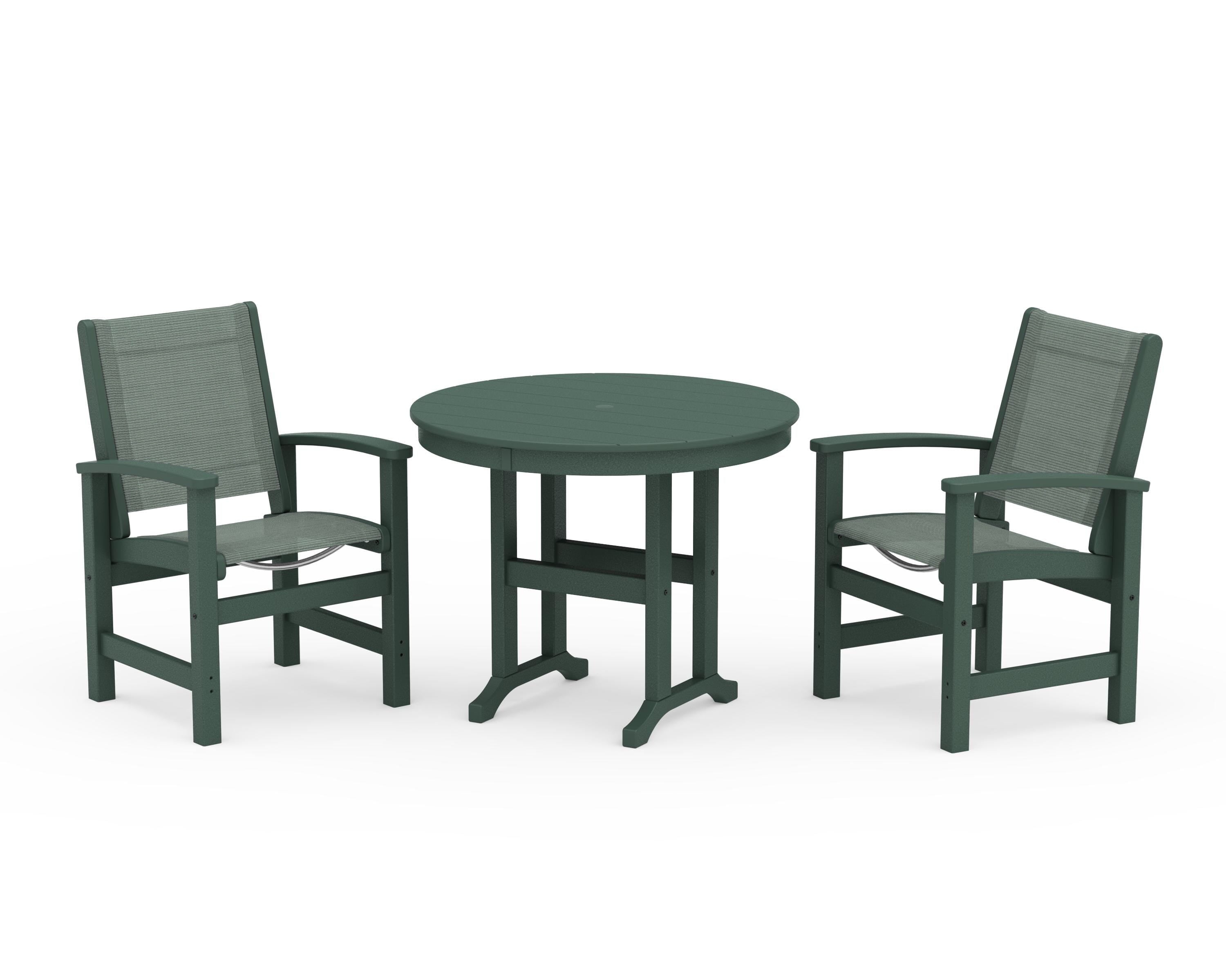 POLYWOOD® Coastal 3-Piece Round Dining Set in Green / Dupioni Sea Mist Sling