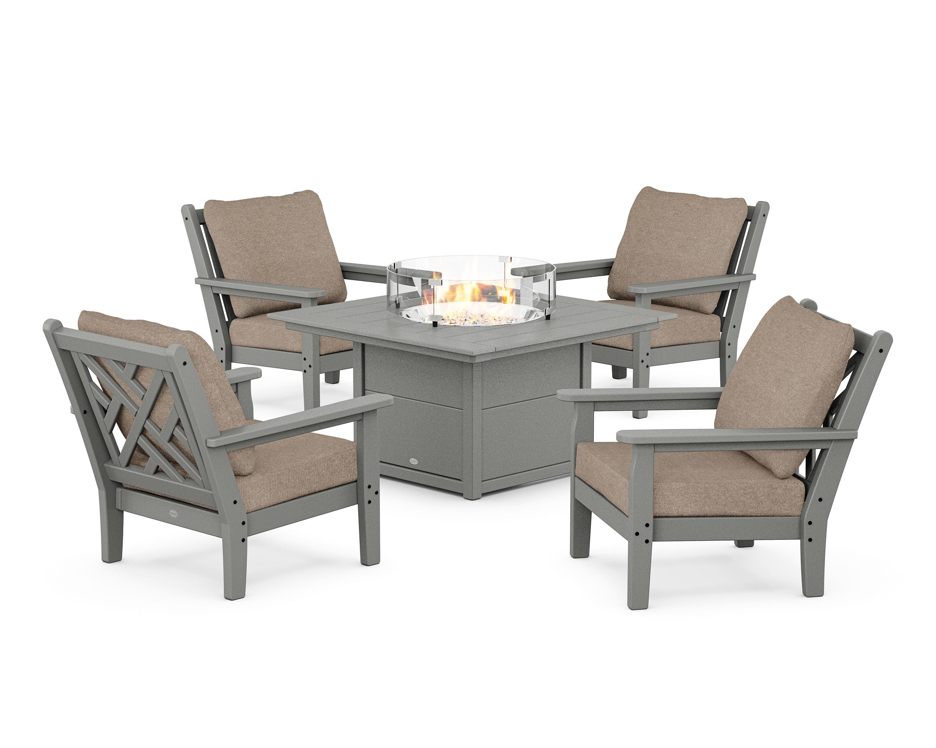 POLYWOOD® Chippendale 5-Piece Deep Seating Set with Fire Pit Table in Slate Grey / Spiced Burlap