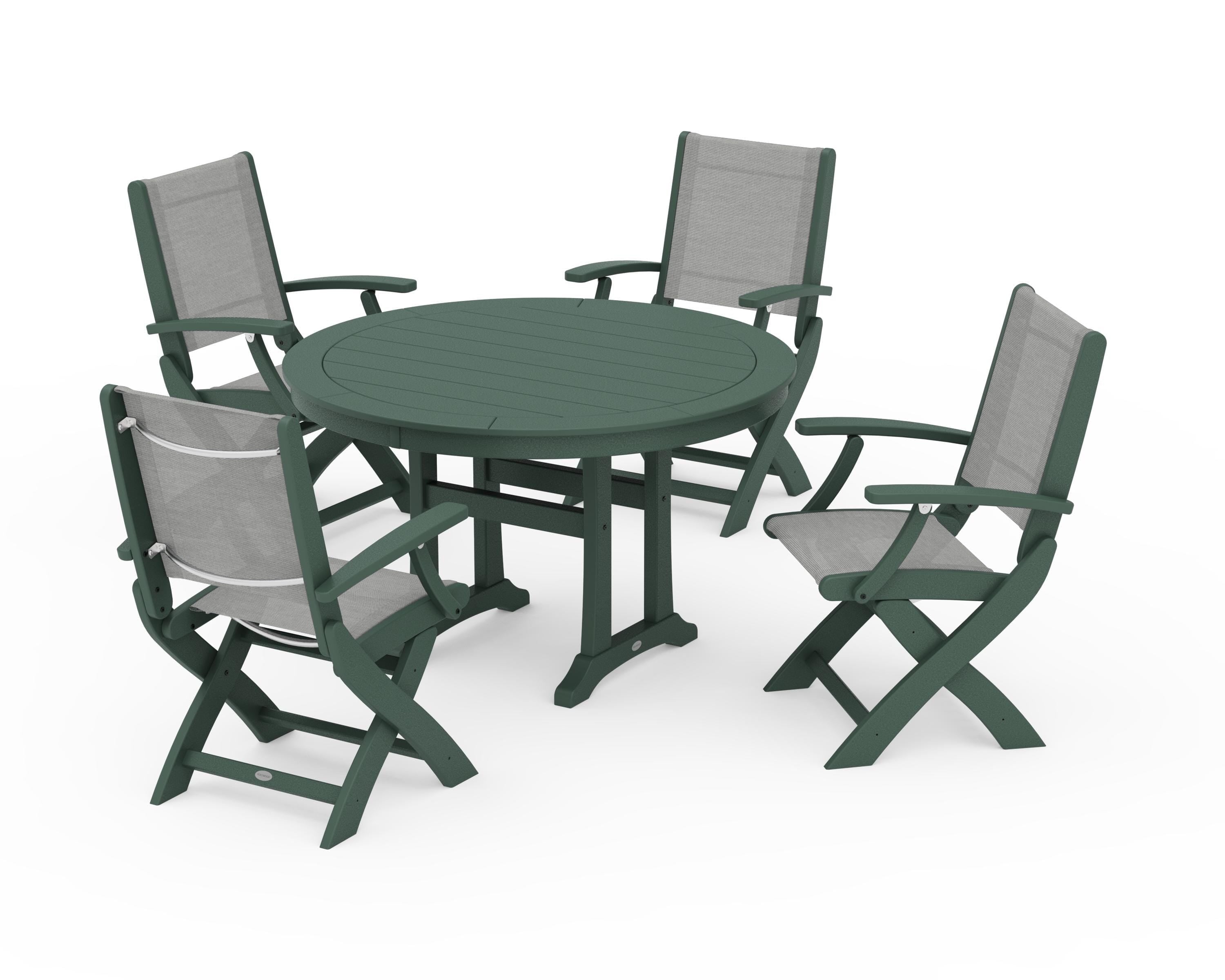 POLYWOOD® Coastal Folding Chair 5-Piece Round Dining Set with Trestle Legs in Green / Metallic Sling