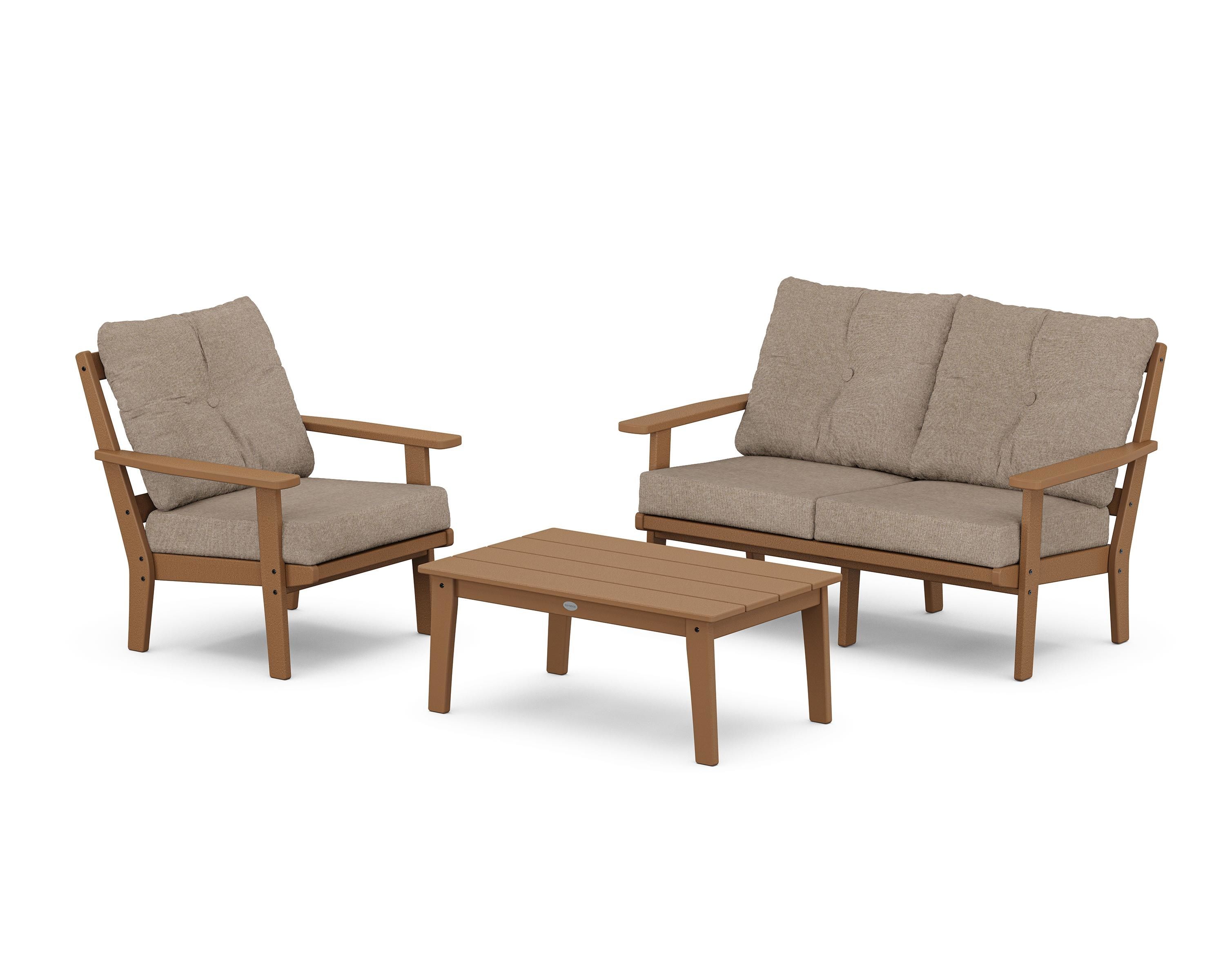 POLYWOOD® Oxford 3-Piece Deep Seating Set with Loveseat in Teak / Spiced Burlap