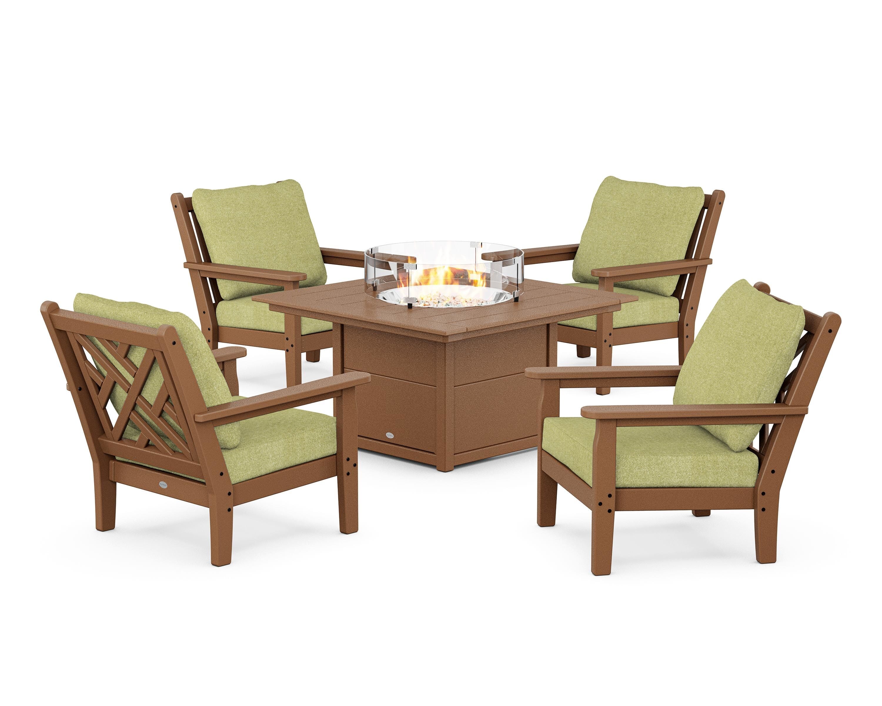 POLYWOOD® Chippendale 5-Piece Deep Seating Set with Fire Pit Table in Teak / Chartreuse Boucle